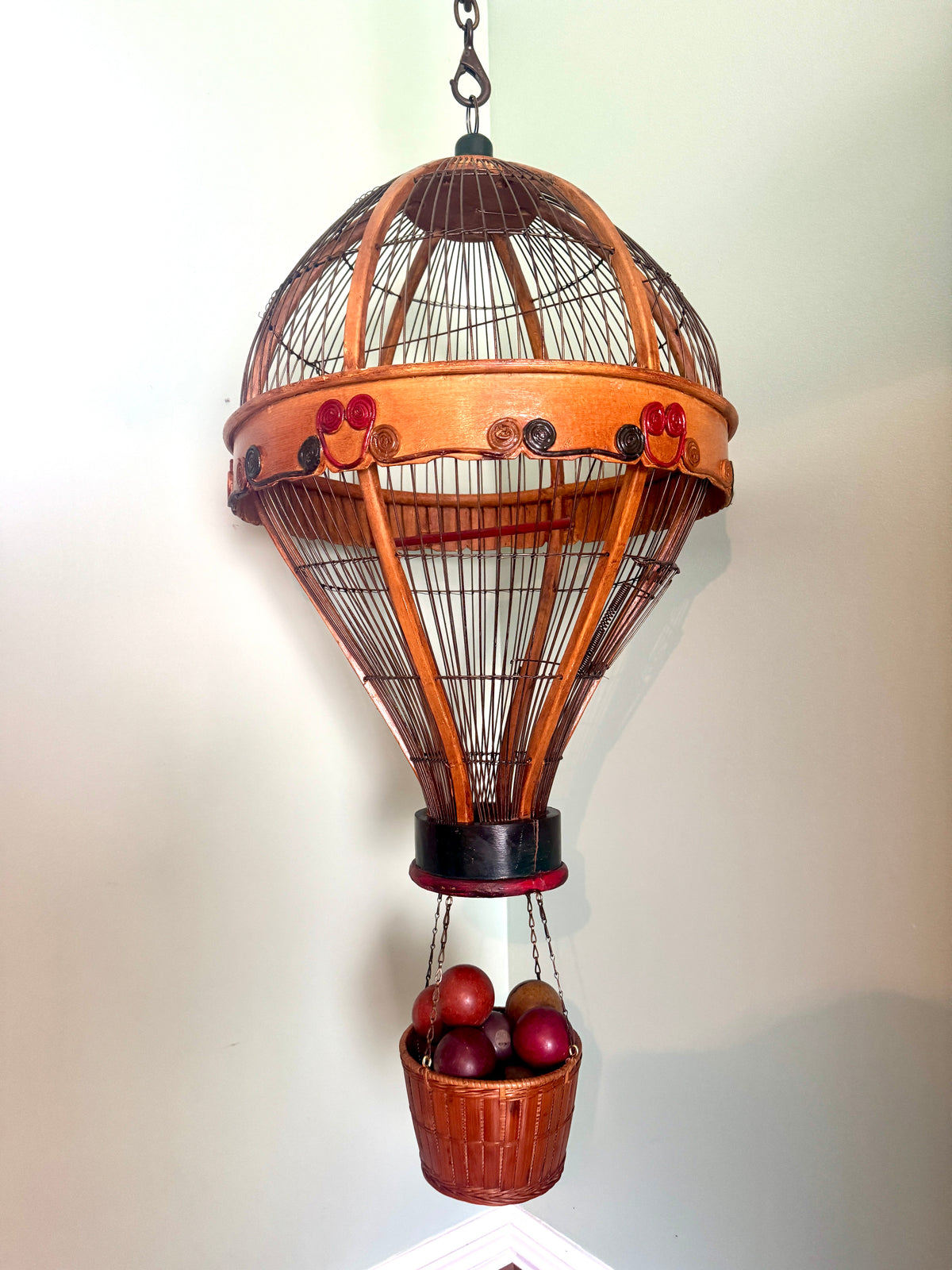 Vtg Whimsical Wood & Wire Hot Air Balloon Birdcage ~ Hanging Wooden Hot Air Balloon Birdcage Planter