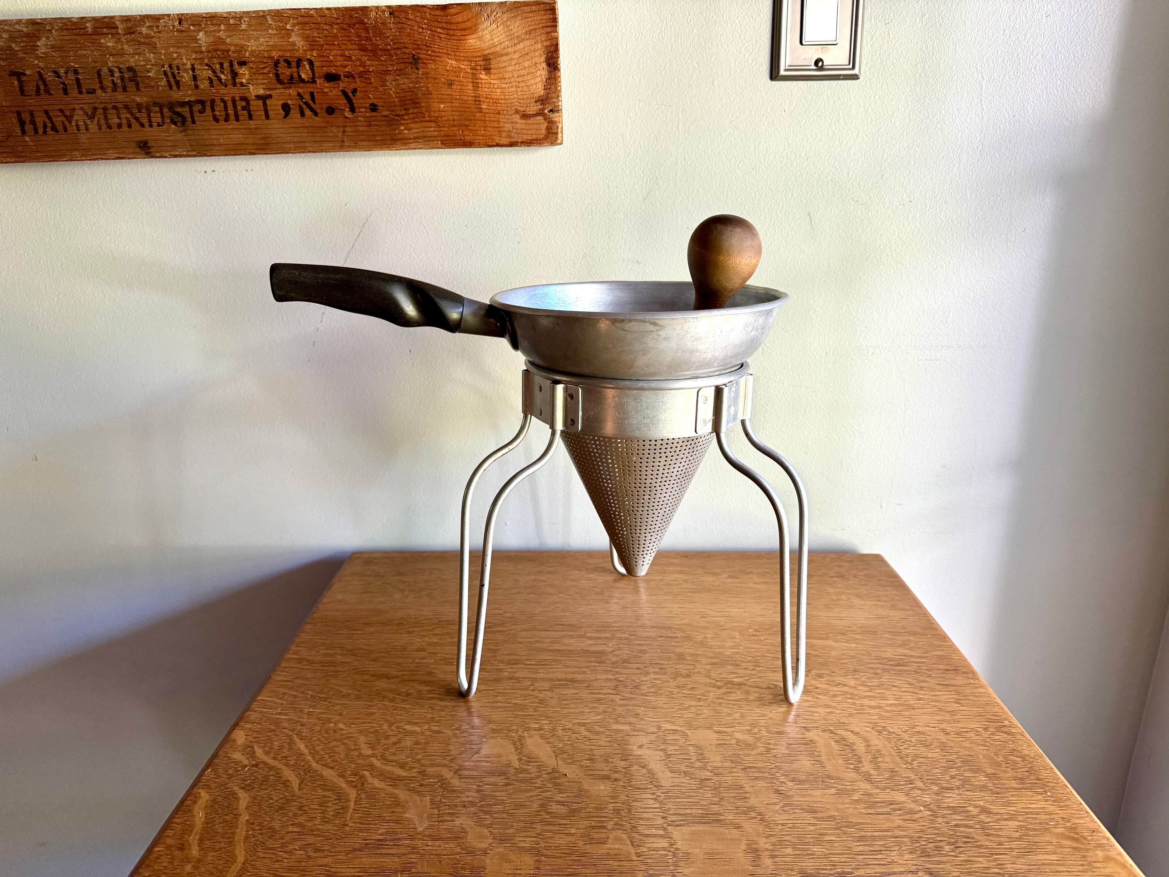 Vintage Sieve Colander | Wear Ever Aluminum Colander, Stand and Pestle  | Antique Canning Strainer | Chinois Strainer | 1950'S Cookware