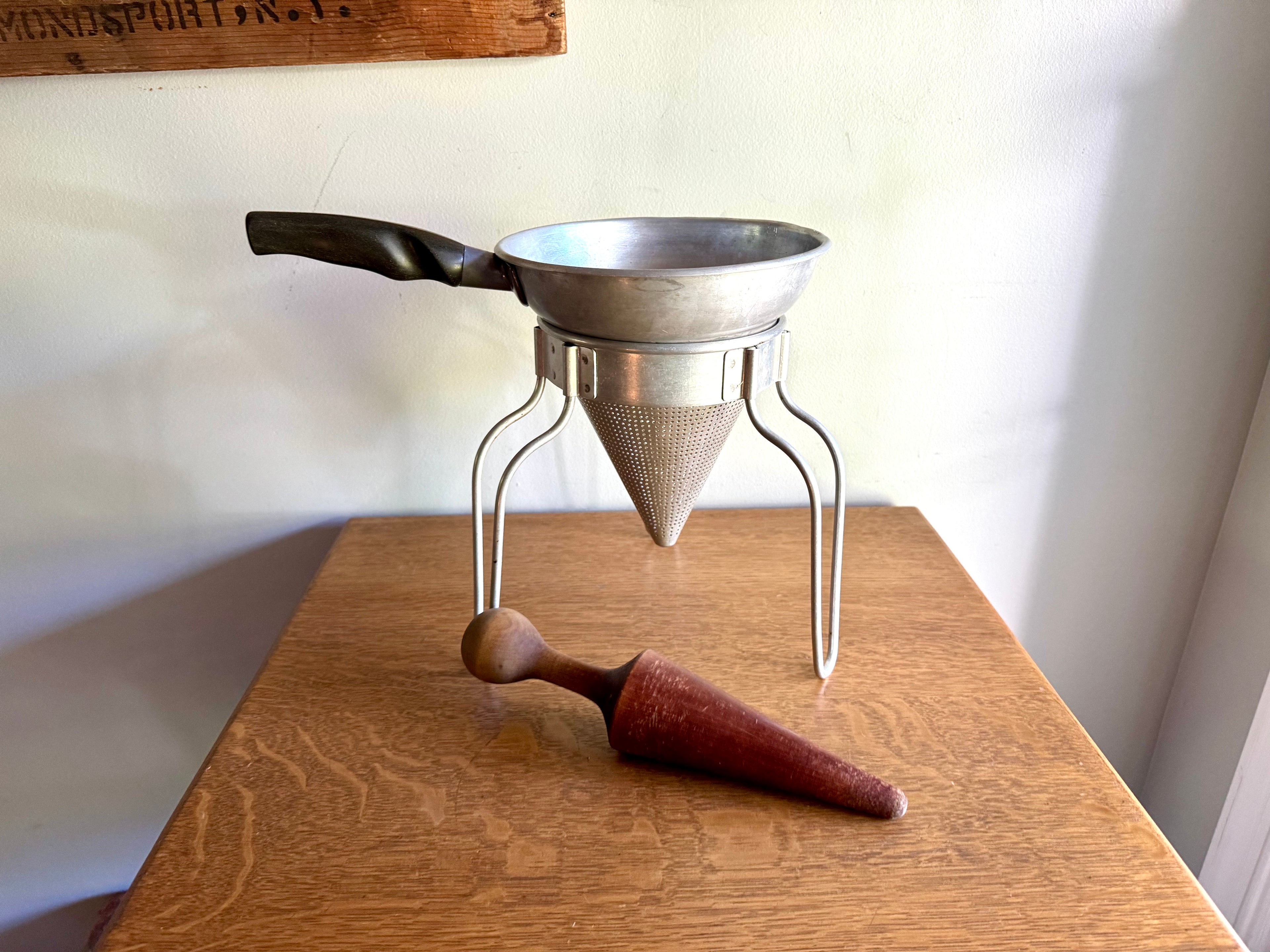Vintage Sieve Colander | Wear Ever Aluminum Colander, Stand and Pestle  | Antique Canning Strainer | Chinois Strainer | 1950'S Cookware