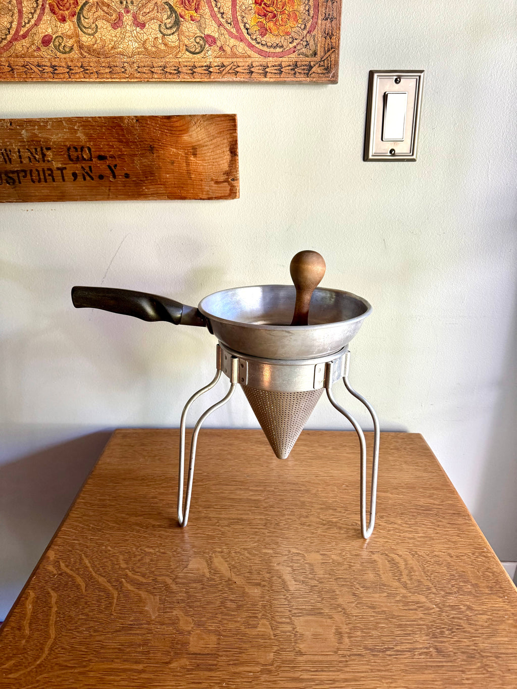 Vintage Sieve Colander | Wear Ever Aluminum Colander, Stand and Pestle  | Antique Canning Strainer | Chinois Strainer | 1950'S Cookware