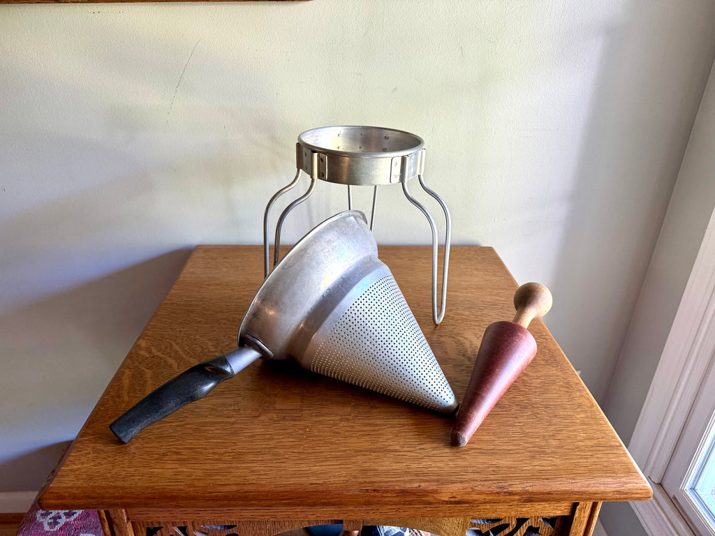 Vintage Sieve Colander | Wear Ever Aluminum Colander, Stand and Pestle  | Antique Canning Strainer | Chinois Strainer | 1950'S Cookware