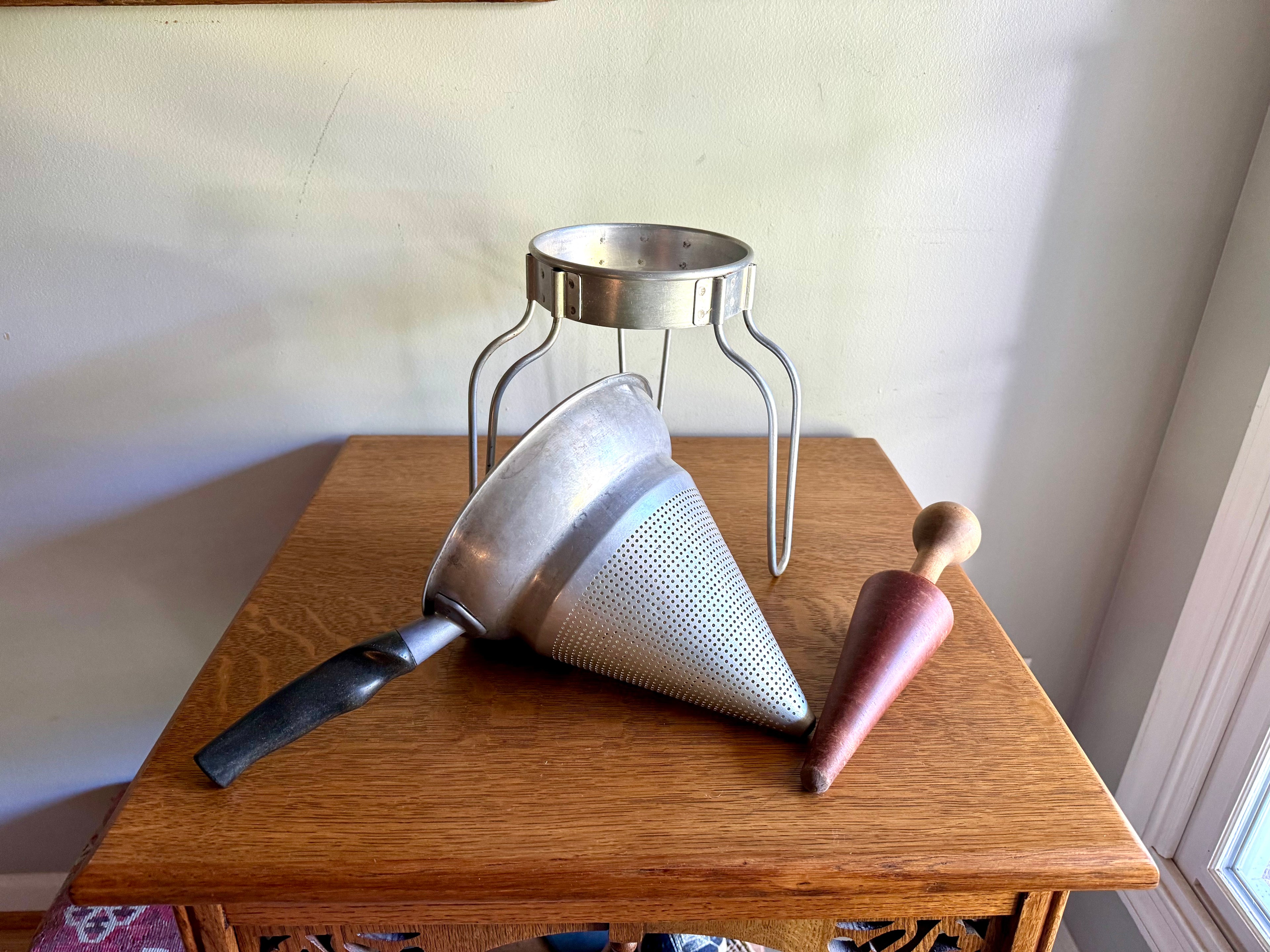 Vintage Sieve Colander | Wear Ever Aluminum Colander, Stand and Pestle  | Antique Canning Strainer | Chinois Strainer | 1950'S Cookware