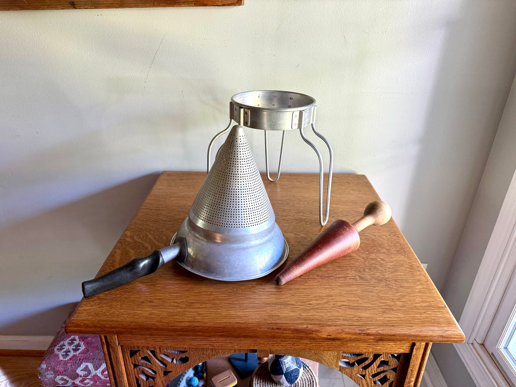 Vintage Sieve Colander | Wear Ever Aluminum Colander, Stand and Pestle  | Antique Canning Strainer | Chinois Strainer | 1950'S Cookware