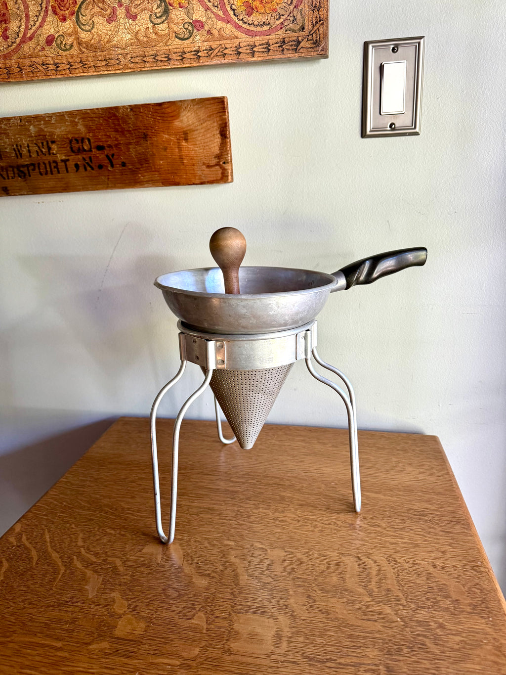 Vintage Sieve Colander | Wear Ever Aluminum Colander, Stand and Pestle  | Antique Canning Strainer | Chinois Strainer | 1950'S Cookware