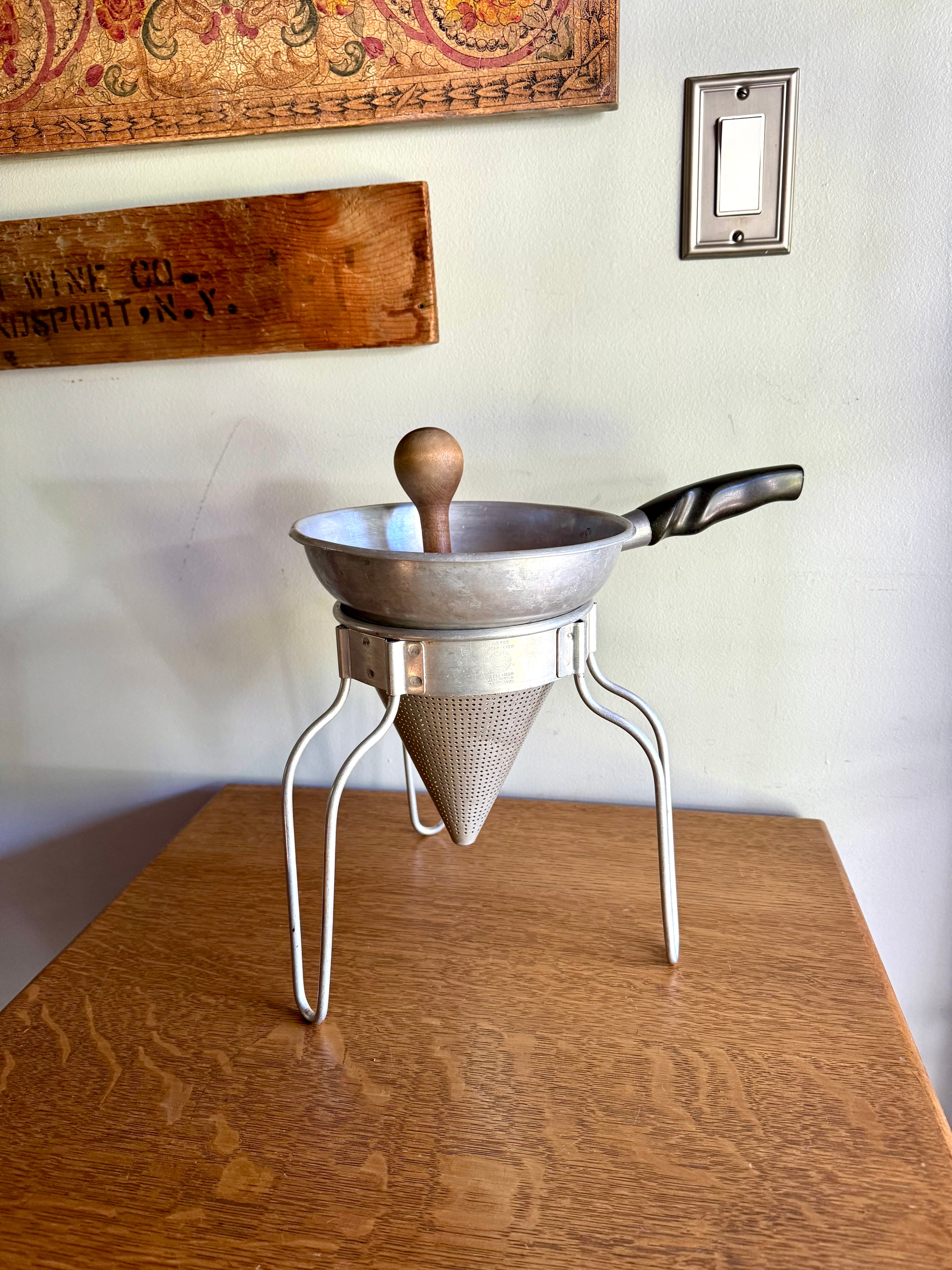 Vintage Sieve Colander | Wear Ever Aluminum Colander, Stand and Pestle  | Antique Canning Strainer | Chinois Strainer | 1950'S Cookware