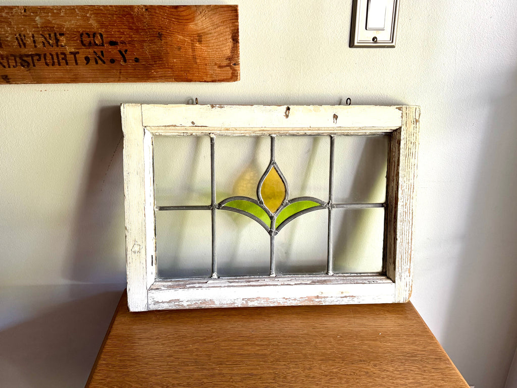 Antique Leaded Stained Glass Window | Stained Glass Chippy Paint Framed Panel | Floral Design Leaded Stained Glass Panel