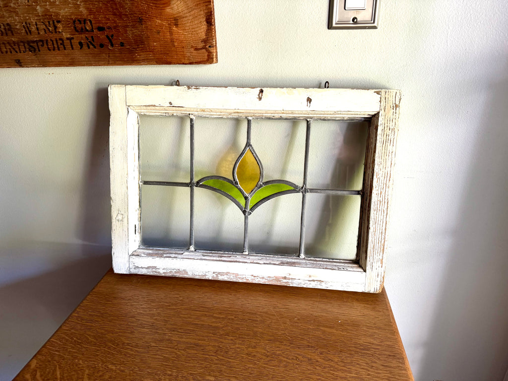 Antique Leaded Stained Glass Window | Stained Glass Chippy Paint Framed Panel | Floral Design Leaded Stained Glass Panel