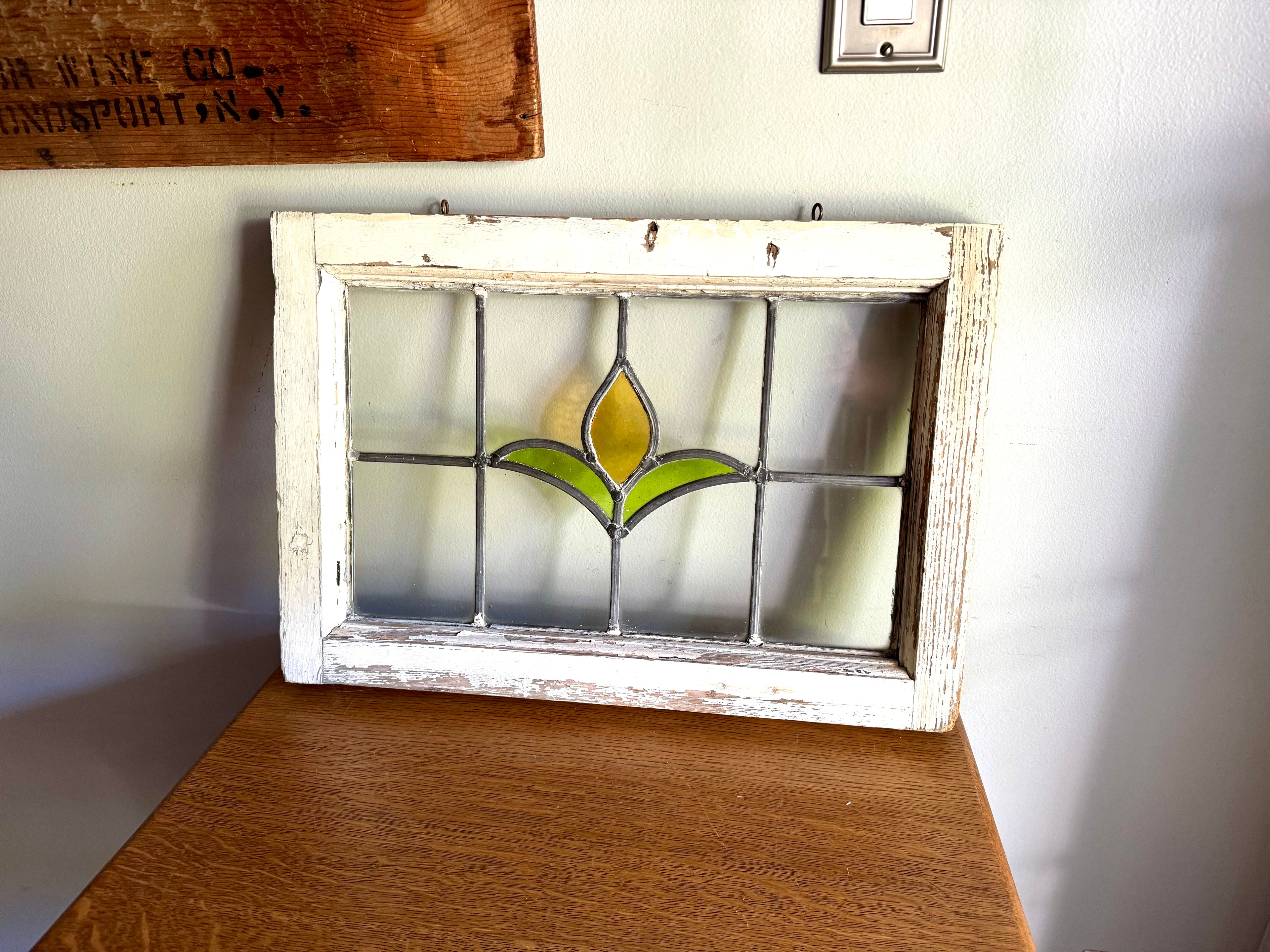 Antique Leaded Stained Glass Window | Stained Glass Chippy Paint Framed Panel | Floral Design Leaded Stained Glass Panel