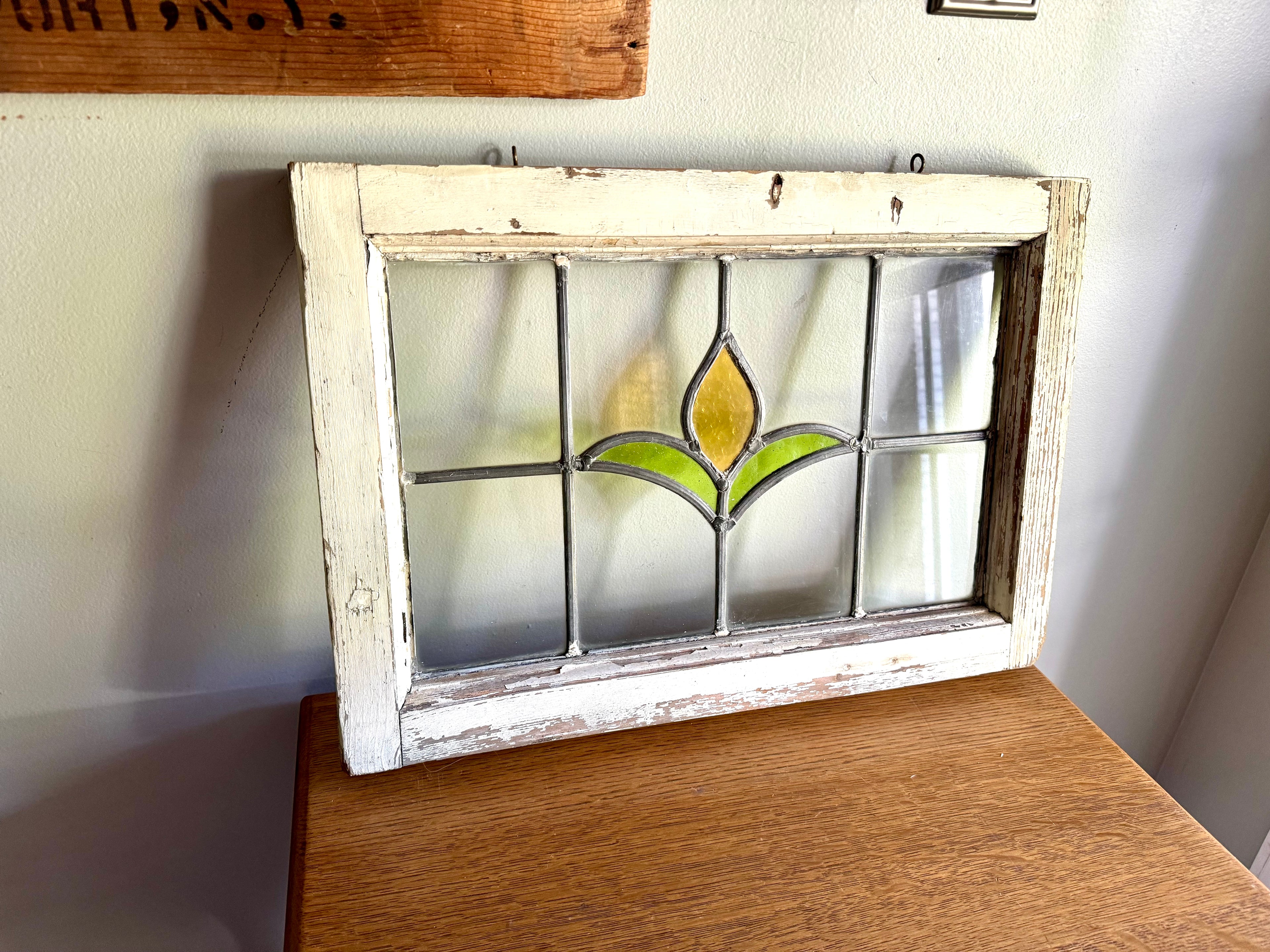 Antique Leaded Stained Glass Window | Stained Glass Chippy Paint Framed Panel | Floral Design Leaded Stained Glass Panel
