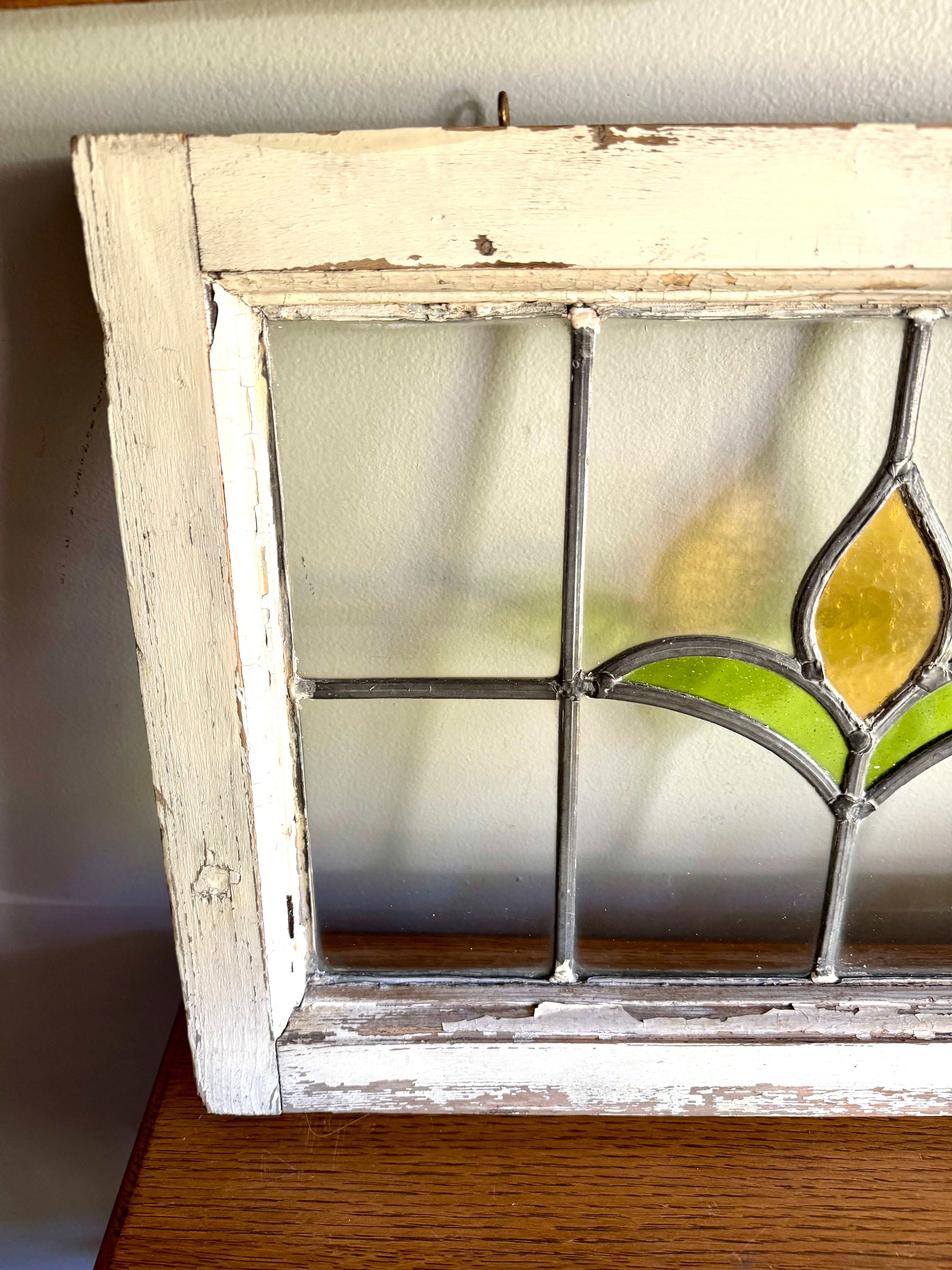 Antique Leaded Stained Glass Window | Stained Glass Chippy Paint Framed Panel | Floral Design Leaded Stained Glass Panel