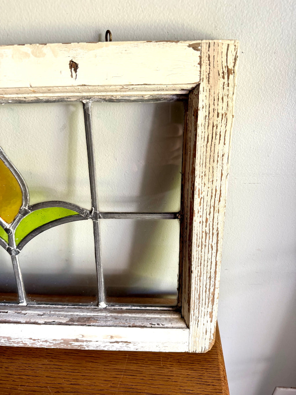 Antique Leaded Stained Glass Window | Stained Glass Chippy Paint Framed Panel | Floral Design Leaded Stained Glass Panel