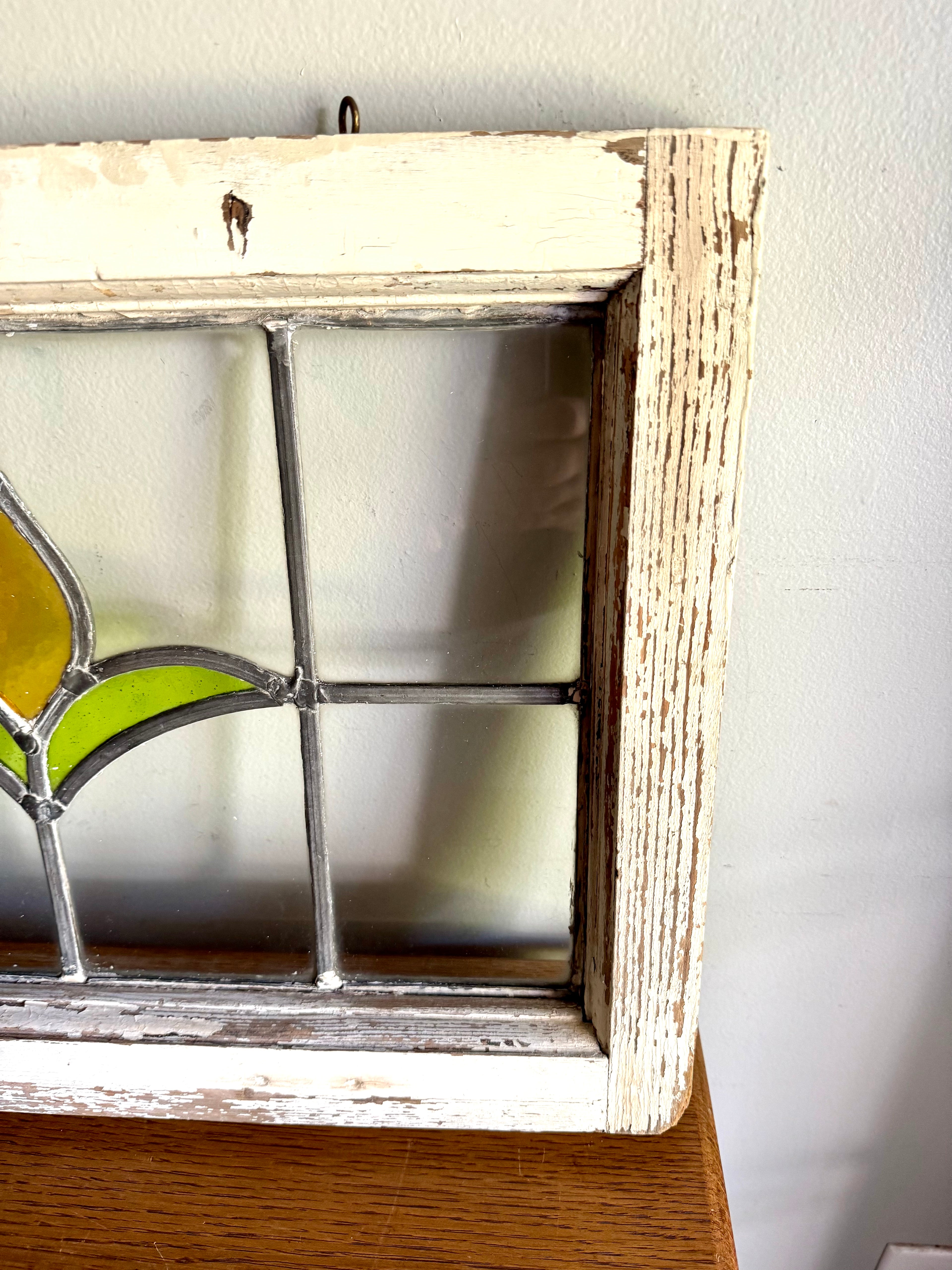 Antique Leaded Stained Glass Window | Stained Glass Chippy Paint Framed Panel | Floral Design Leaded Stained Glass Panel