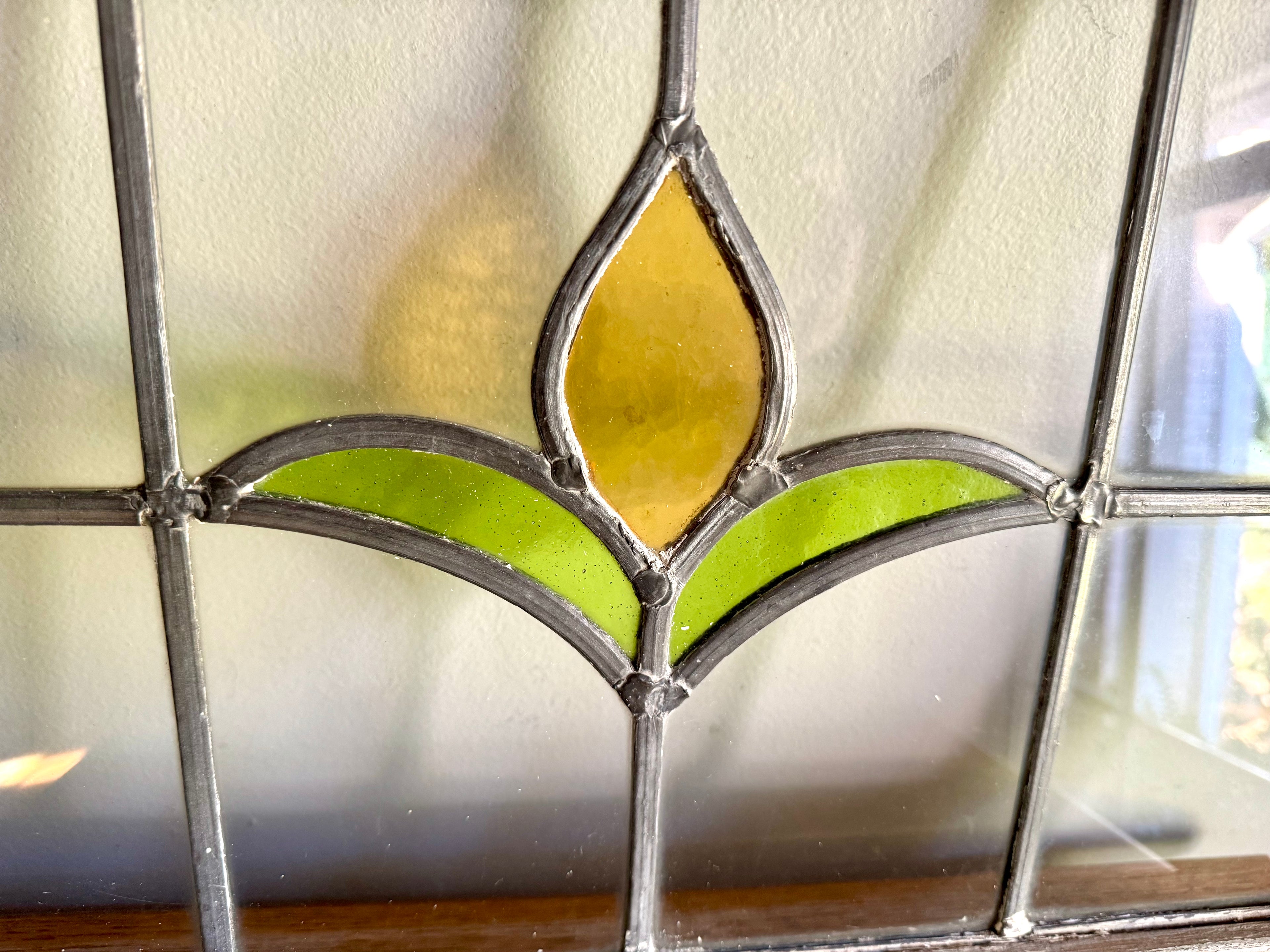 Antique Leaded Stained Glass Window | Stained Glass Chippy Paint Framed Panel | Floral Design Leaded Stained Glass Panel