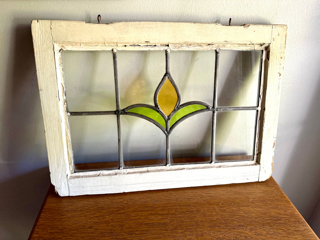 Antique Leaded Stained Glass Window | Stained Glass Chippy Paint Framed Panel | Floral Design Leaded Stained Glass Panel