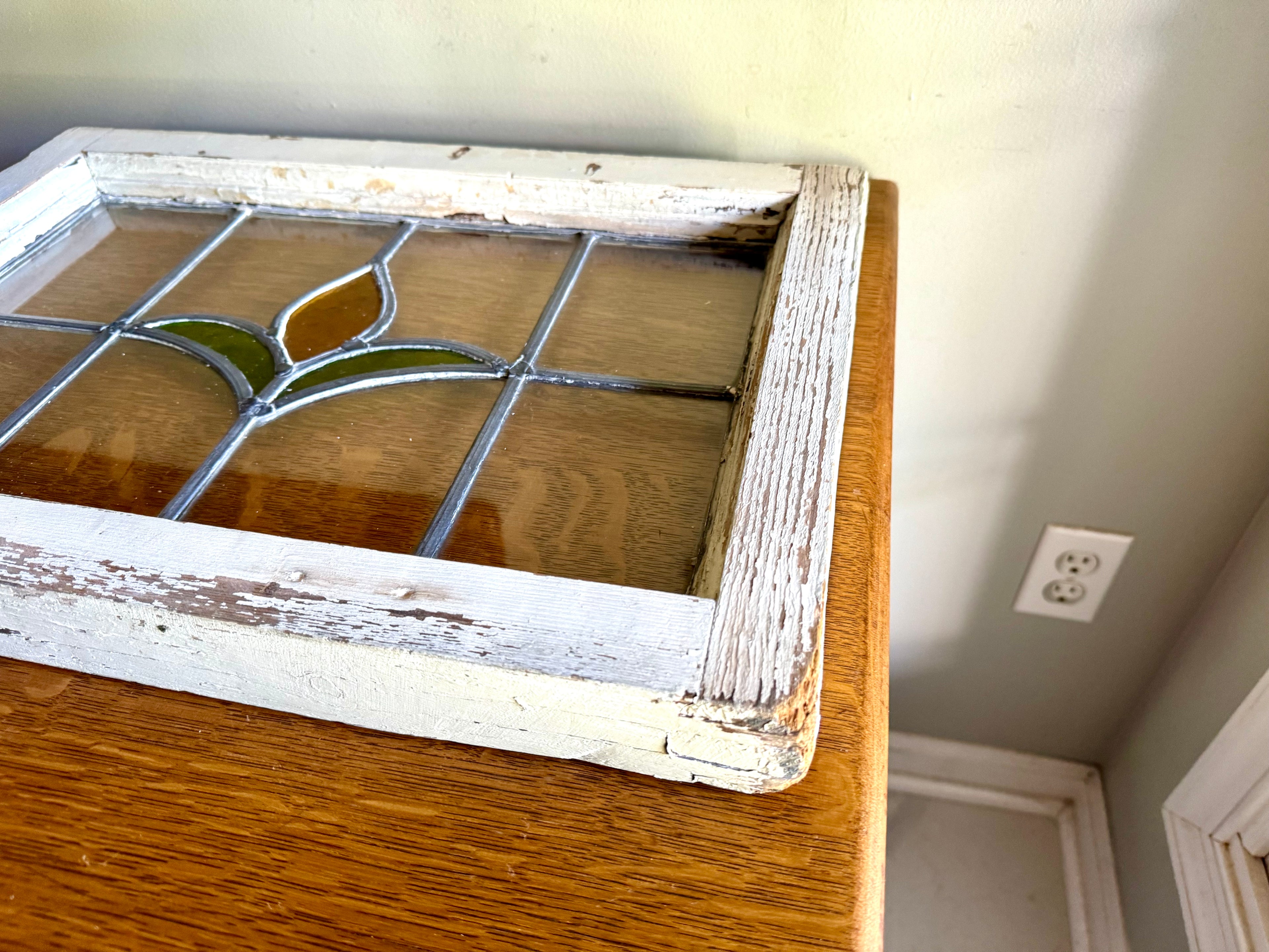 Antique Leaded Stained Glass Window | Stained Glass Chippy Paint Framed Panel | Floral Design Leaded Stained Glass Panel