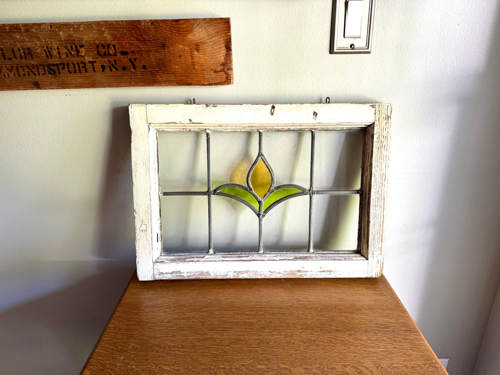 Antique Leaded Stained Glass Window | Stained Glass Chippy Paint Framed Panel | Floral Design Leaded Stained Glass Panel