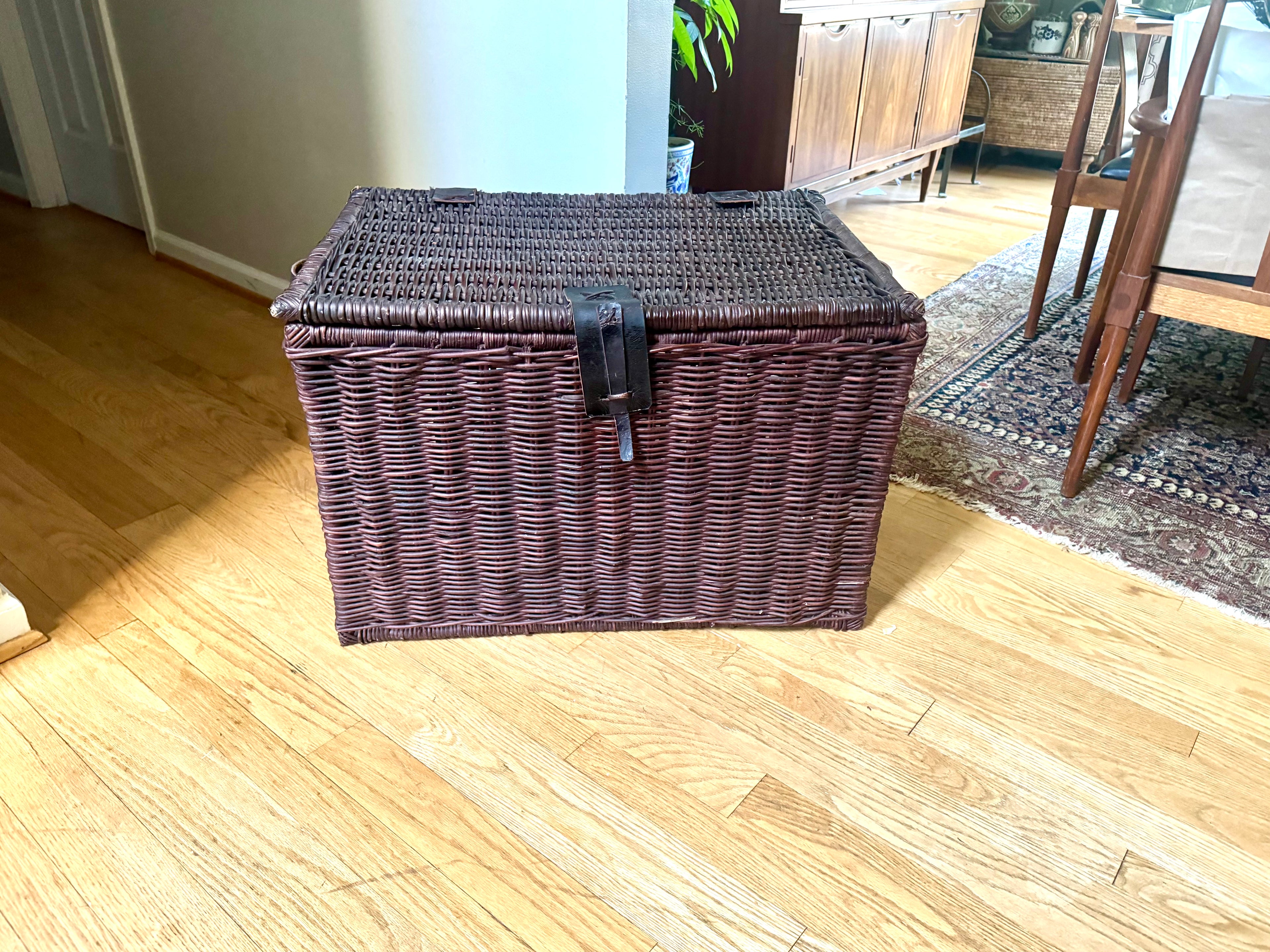 Dark Rattan Storage Trunk With Leather Handles, Hinges and Latch | Large Wicker Chest