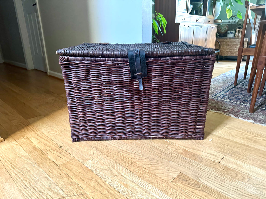 Dark Rattan Storage Trunk With Leather Handles, Hinges and Latch | Large Wicker Chest