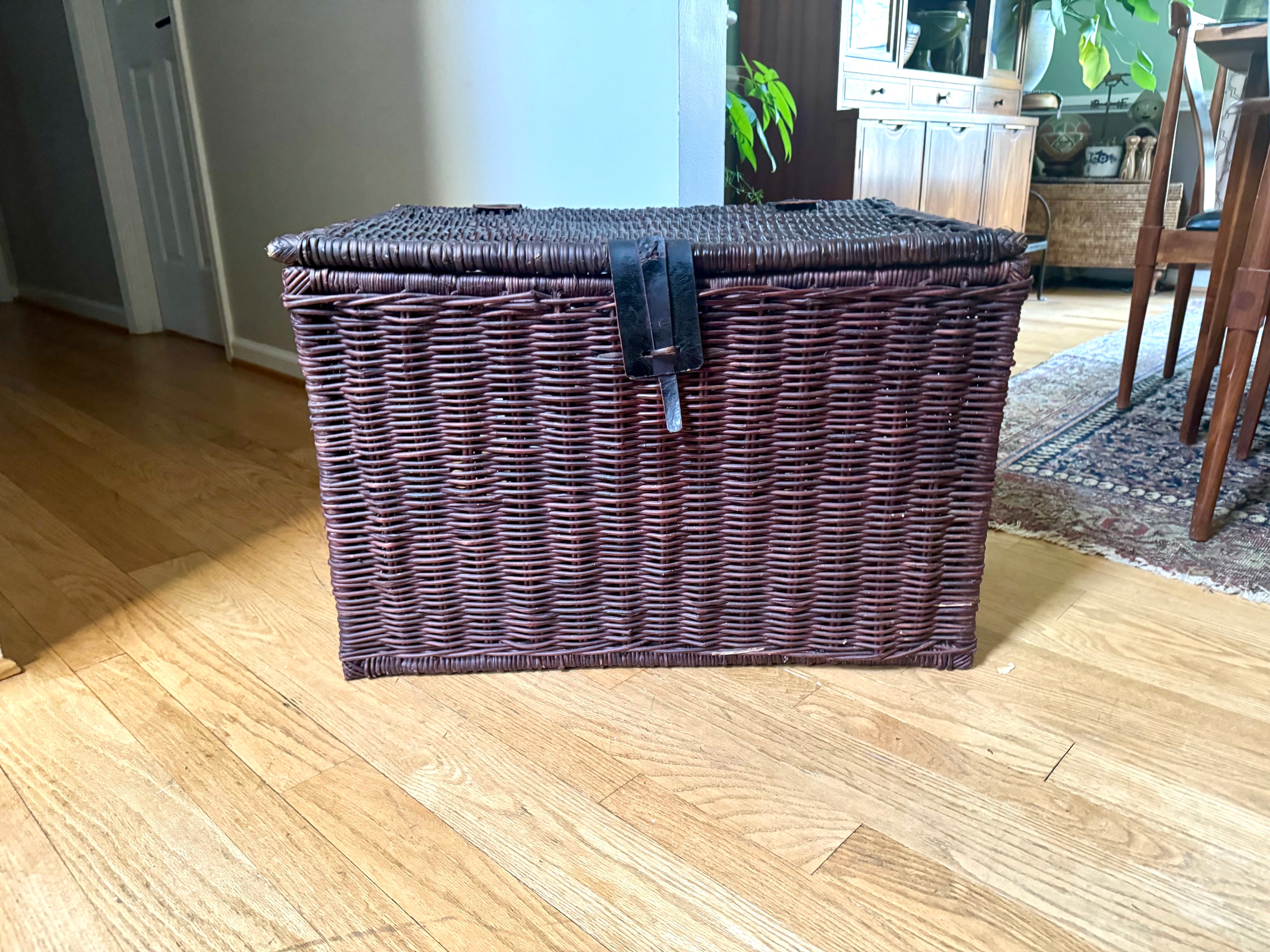 Dark Rattan Storage Trunk With Leather Handles, Hinges and Latch | Large Wicker Chest