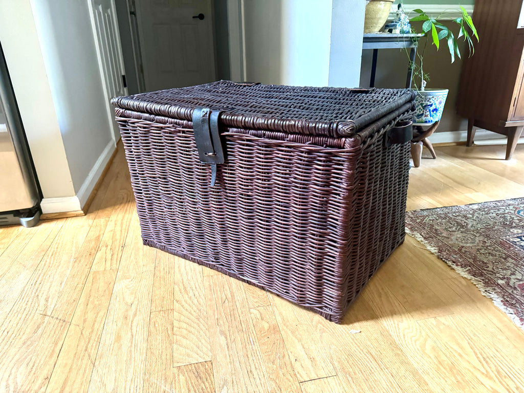 Dark Rattan Storage Trunk With Leather Handles, Hinges and Latch | Large Wicker Chest