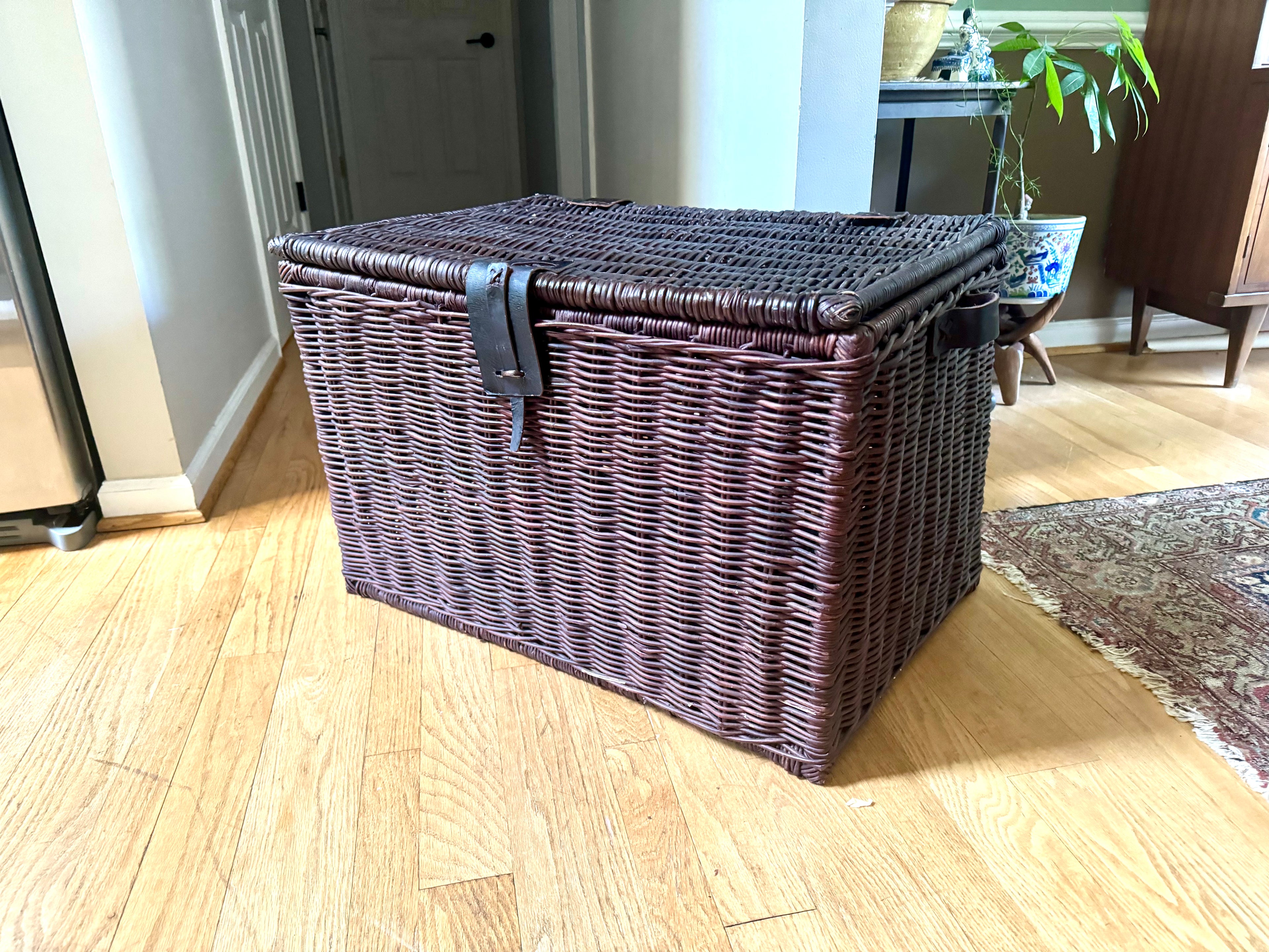 Dark Rattan Storage Trunk With Leather Handles, Hinges and Latch | Large Wicker Chest