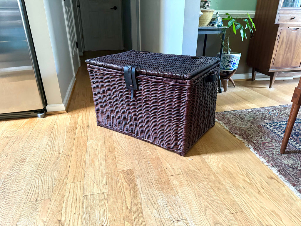 Dark Rattan Storage Trunk With Leather Handles, Hinges and Latch | Large Wicker Chest