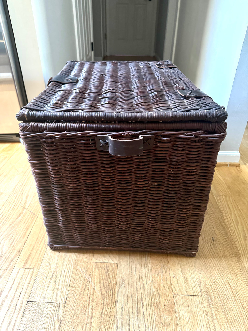 Dark Rattan Storage Trunk With Leather Handles, Hinges and Latch | Large Wicker Chest