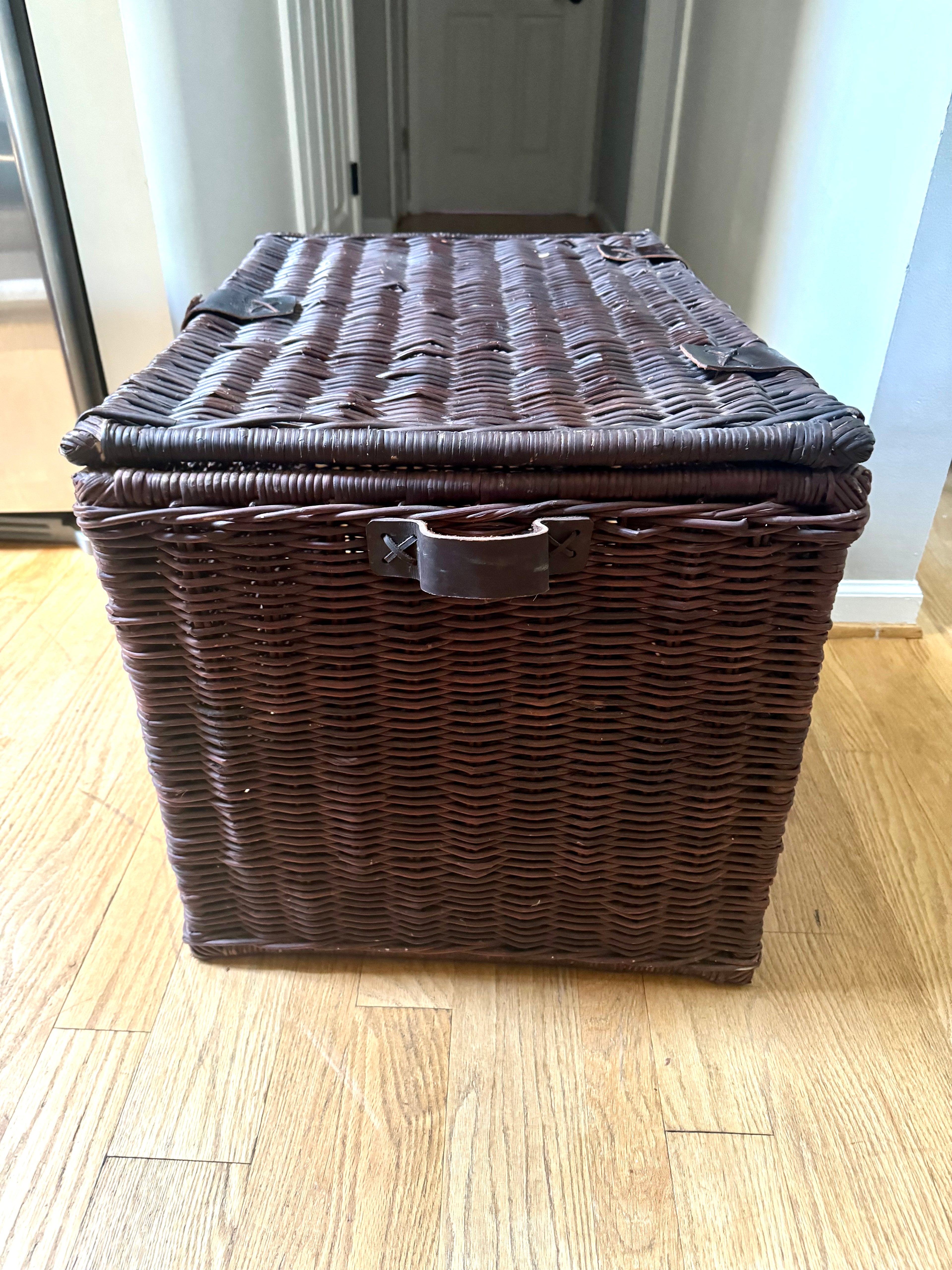 Dark Rattan Storage Trunk With Leather Handles, Hinges and Latch | Large Wicker Chest