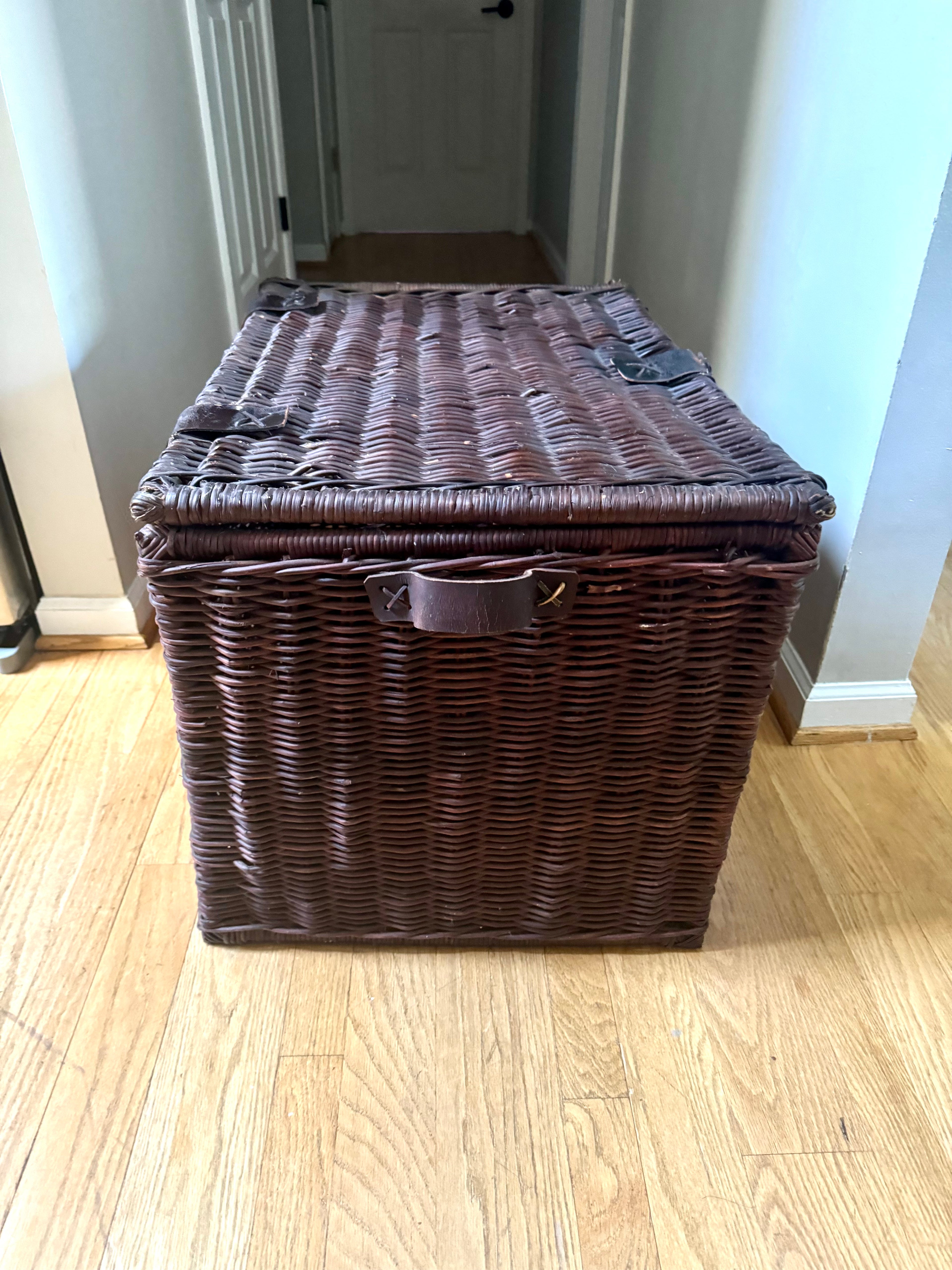 Dark Rattan Storage Trunk With Leather Handles, Hinges and Latch | Large Wicker Chest