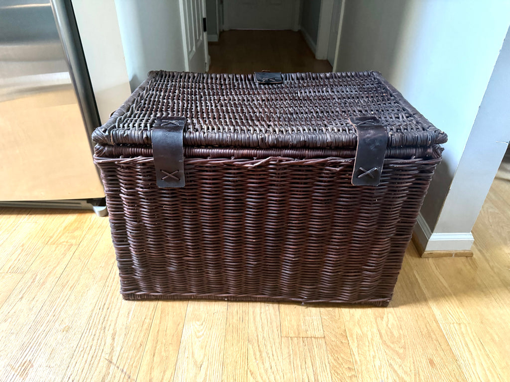 Dark Rattan Storage Trunk With Leather Handles, Hinges and Latch | Large Wicker Chest