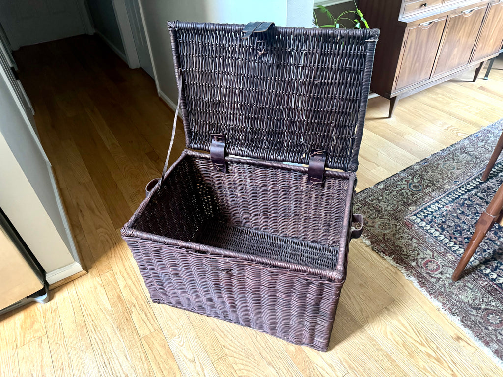 Dark Rattan Storage Trunk With Leather Handles, Hinges and Latch | Large Wicker Chest