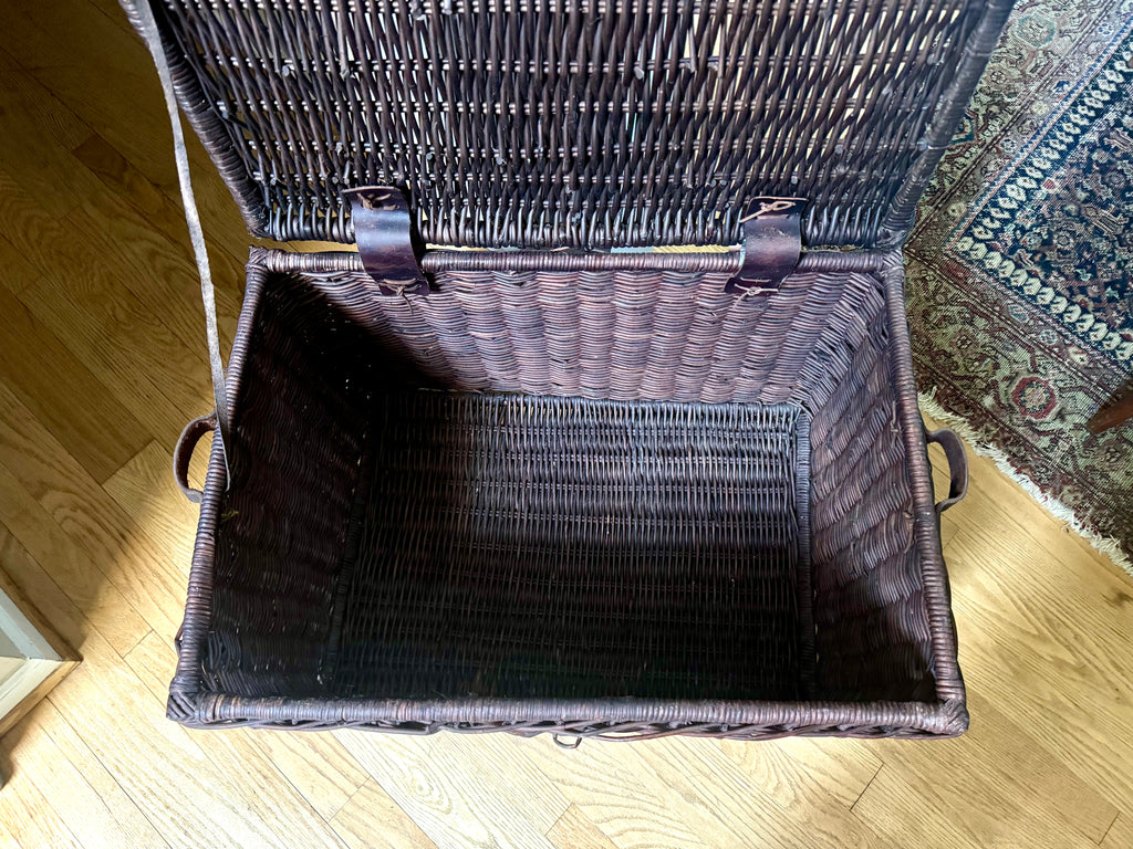 Dark Rattan Storage Trunk With Leather Handles, Hinges and Latch | Large Wicker Chest