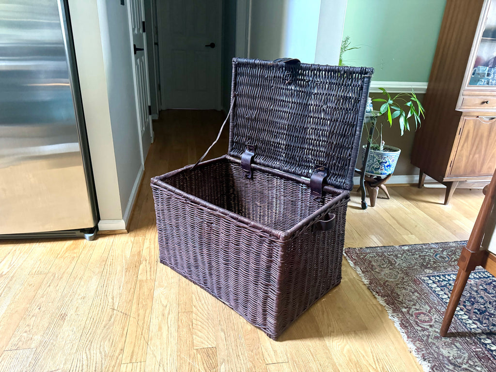 Dark Rattan Storage Trunk With Leather Handles, Hinges and Latch | Large Wicker Chest