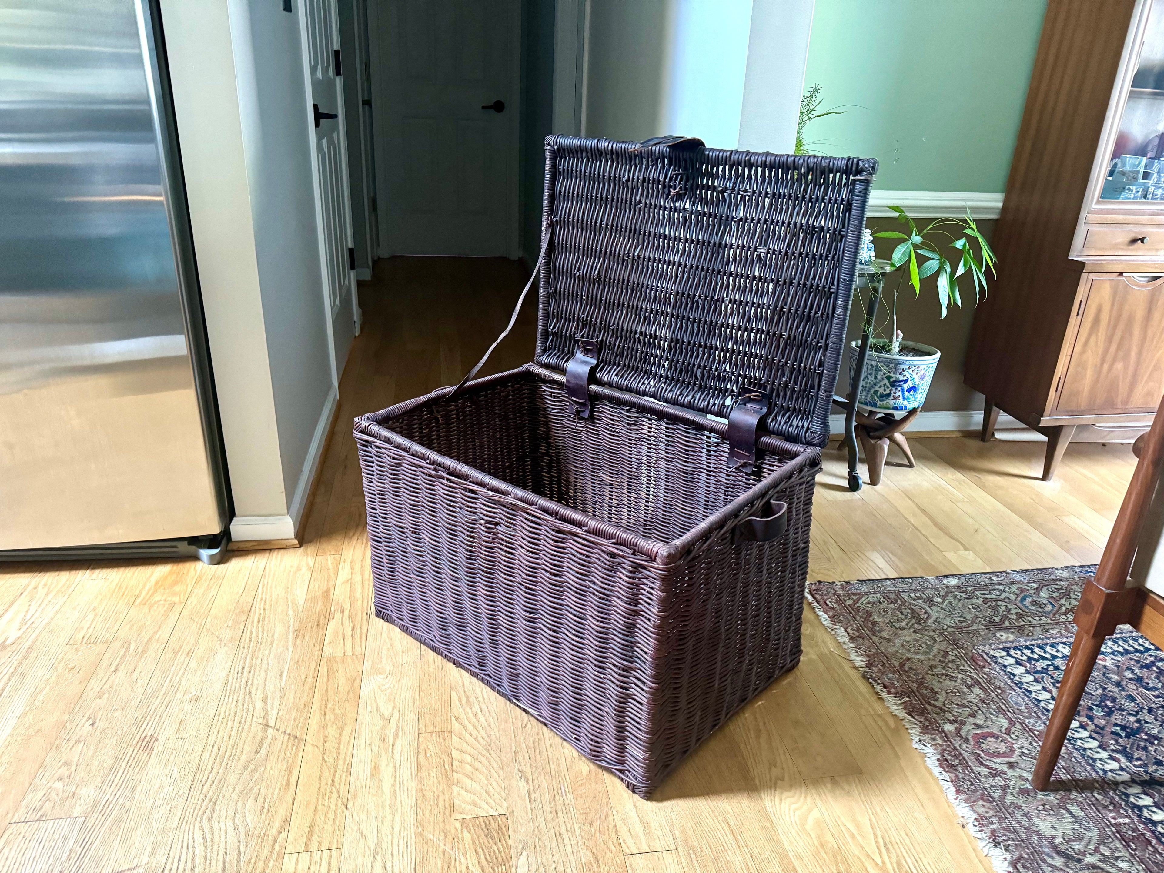 Dark Rattan Storage Trunk With Leather Handles, Hinges and Latch | Large Wicker Chest