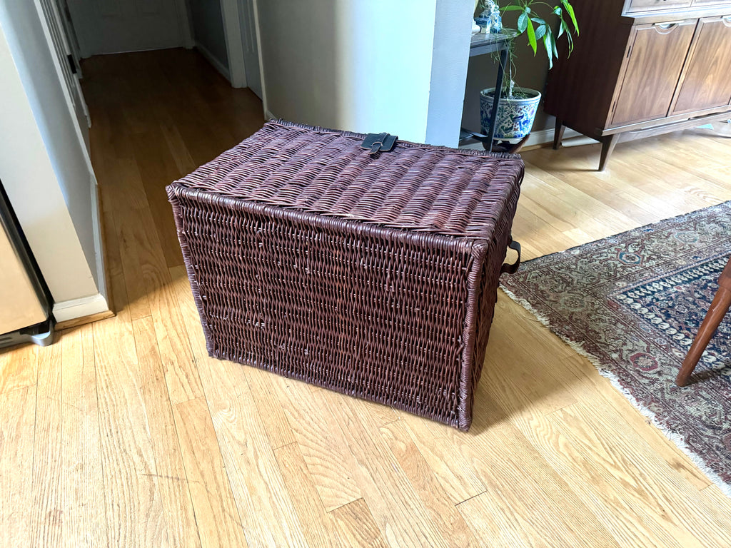 Dark Rattan Storage Trunk With Leather Handles, Hinges and Latch | Large Wicker Chest