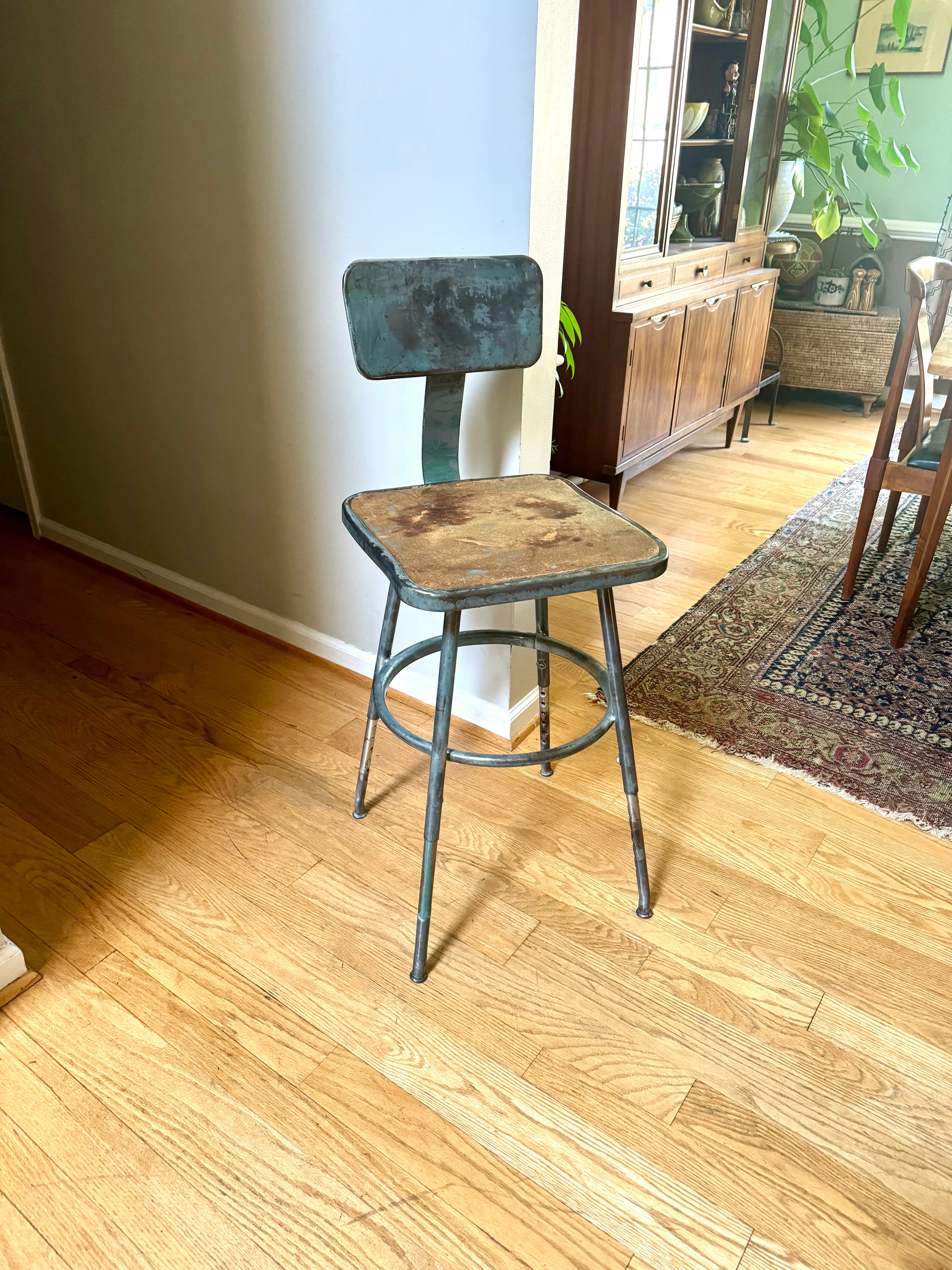 Vintage Industrial Steel Stool | Distressed Royal Industrial Drafting Stool | Rustic Factory Stool