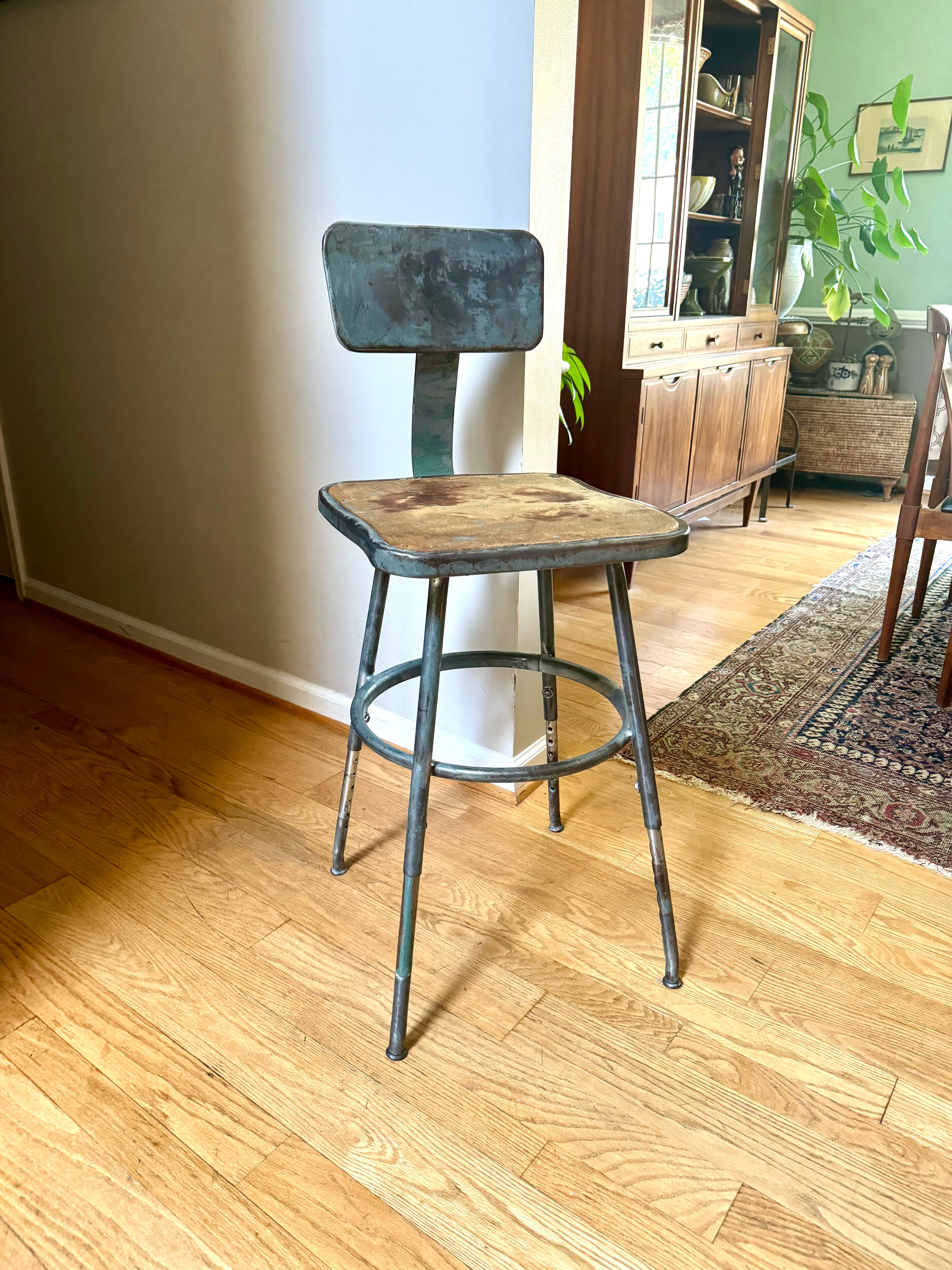 Vintage Industrial Steel Stool | Distressed Royal Industrial Drafting Stool | Rustic Factory Stool