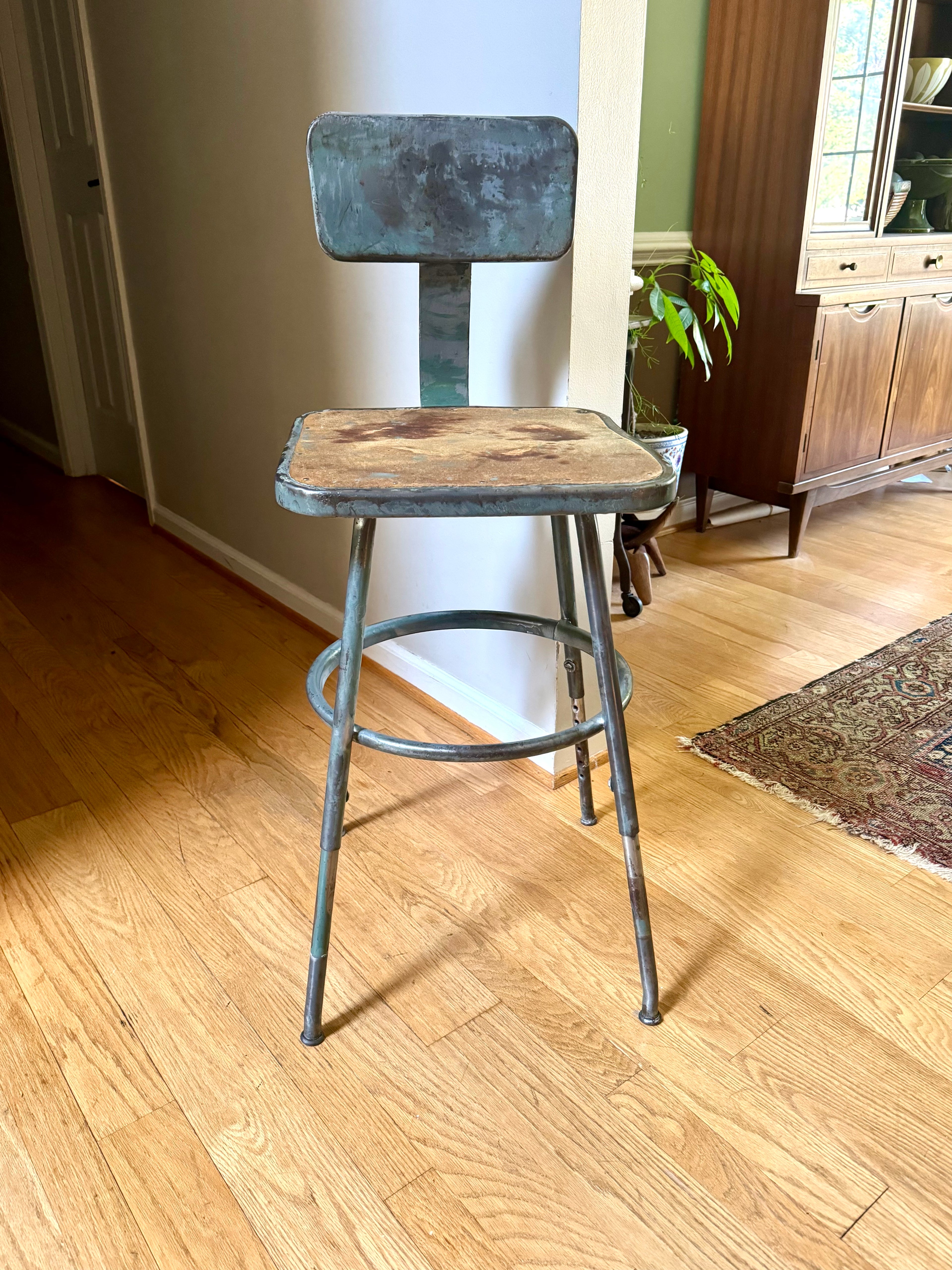 Vintage Industrial Steel Stool | Distressed Royal Industrial Drafting Stool | Rustic Factory Stool