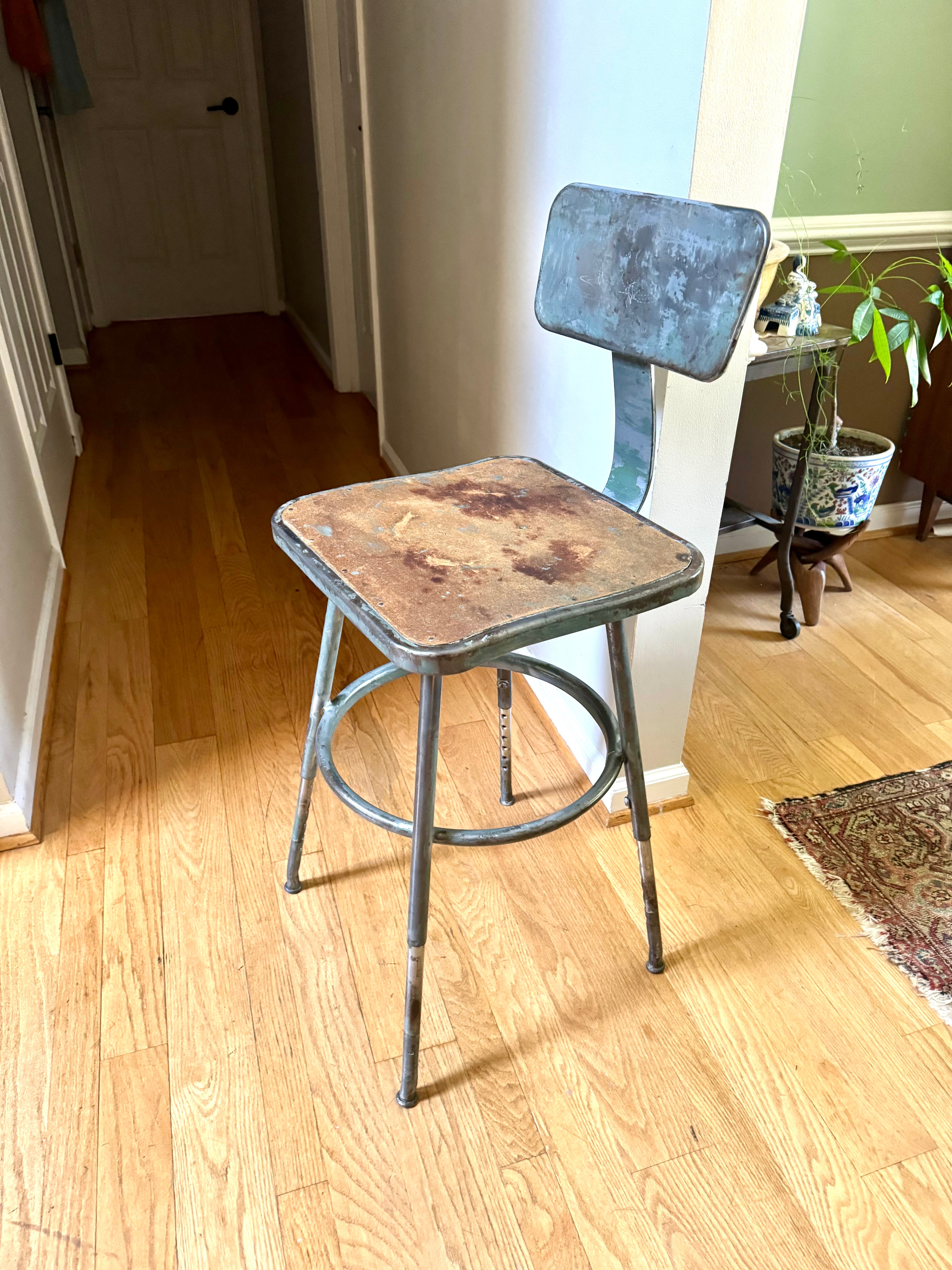 Vintage Industrial Steel Stool | Distressed Royal Industrial Drafting Stool | Rustic Factory Stool