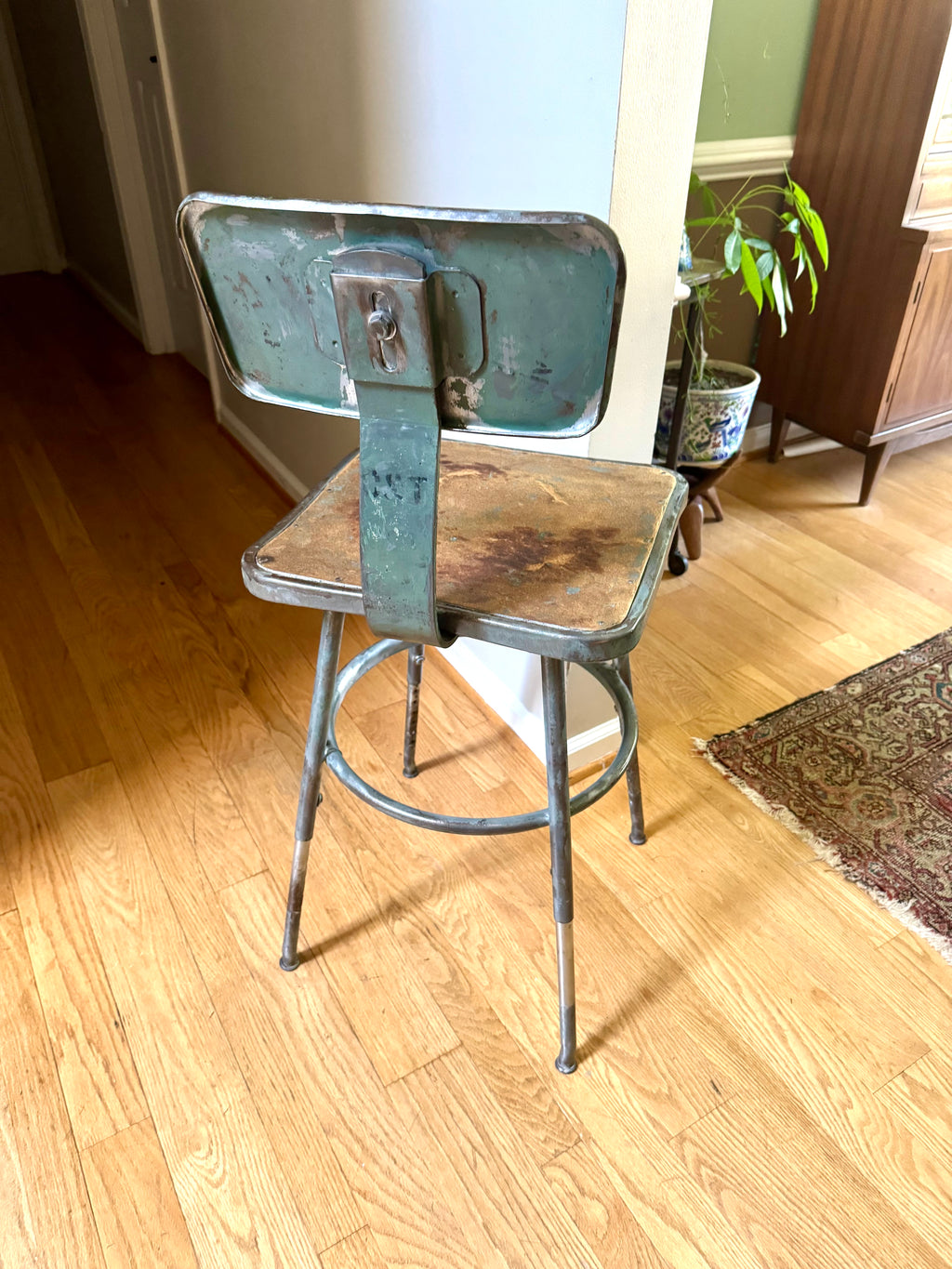 Vintage Industrial Steel Stool | Distressed Royal Industrial Drafting Stool | Rustic Factory Stool