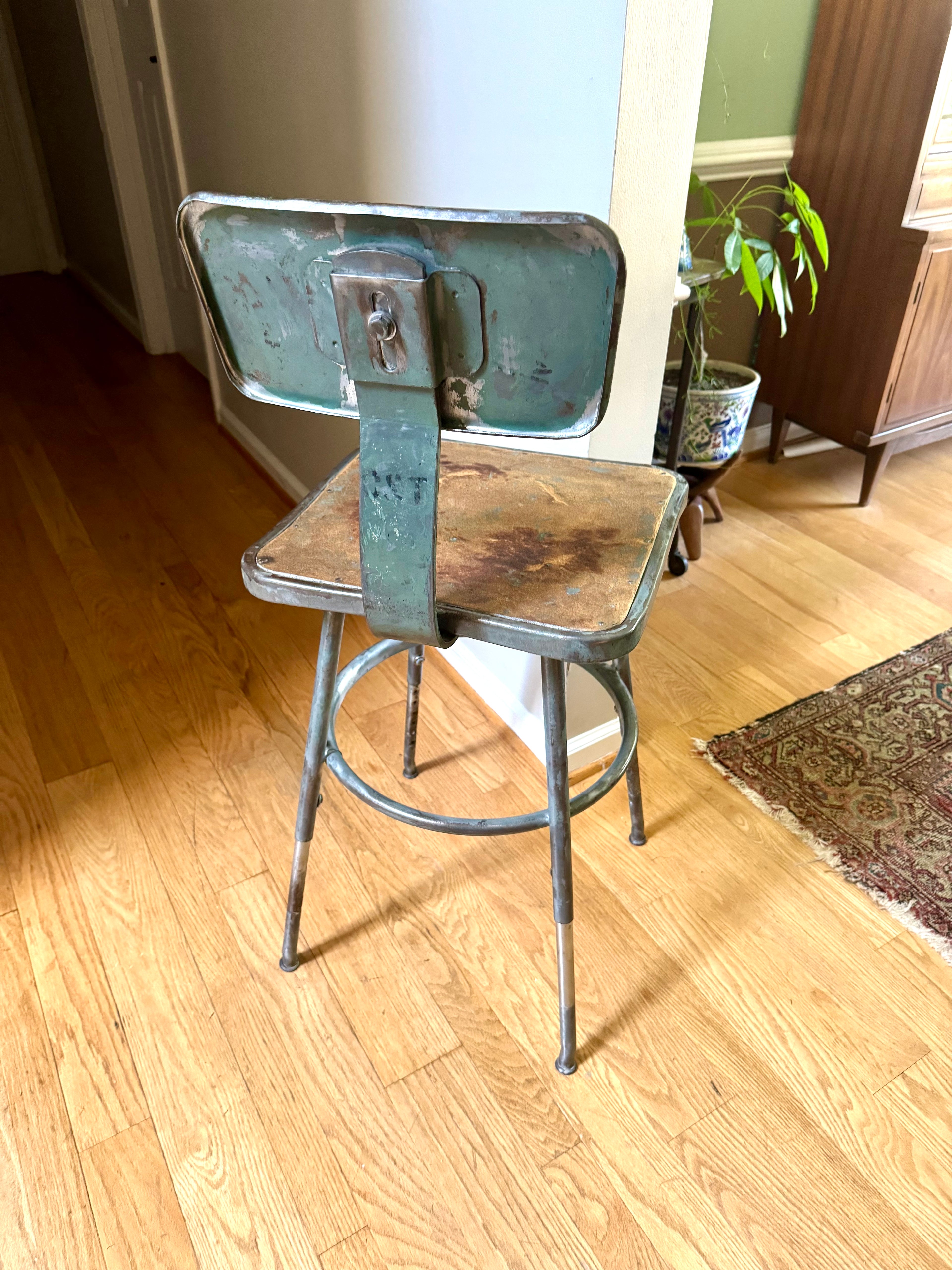 Vintage Industrial Steel Stool | Distressed Royal Industrial Drafting Stool | Rustic Factory Stool