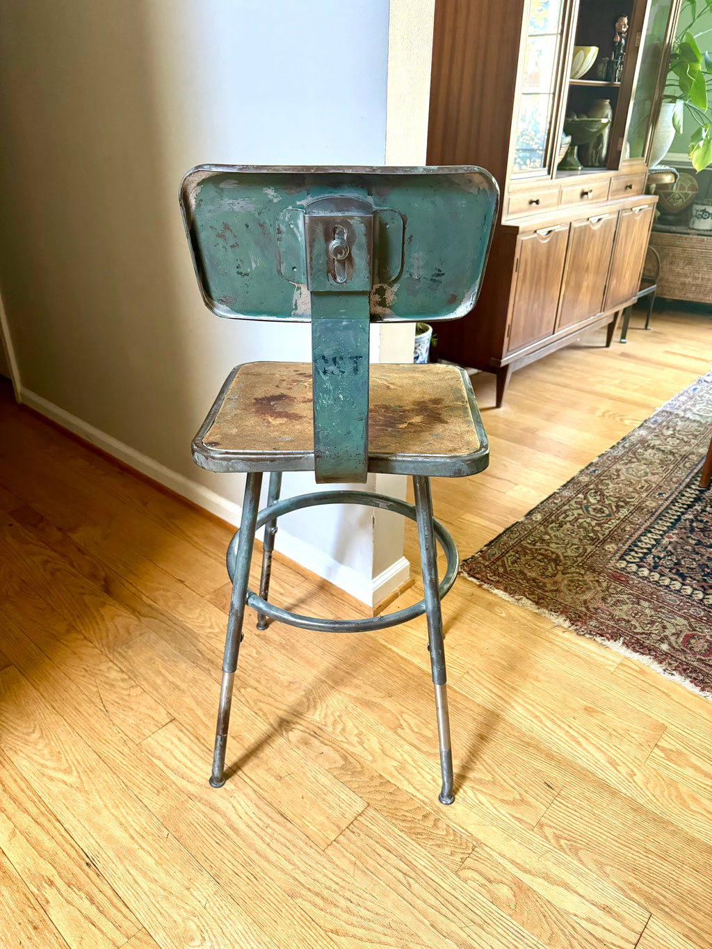 Vintage Industrial Steel Stool | Distressed Royal Industrial Drafting Stool | Rustic Factory Stool