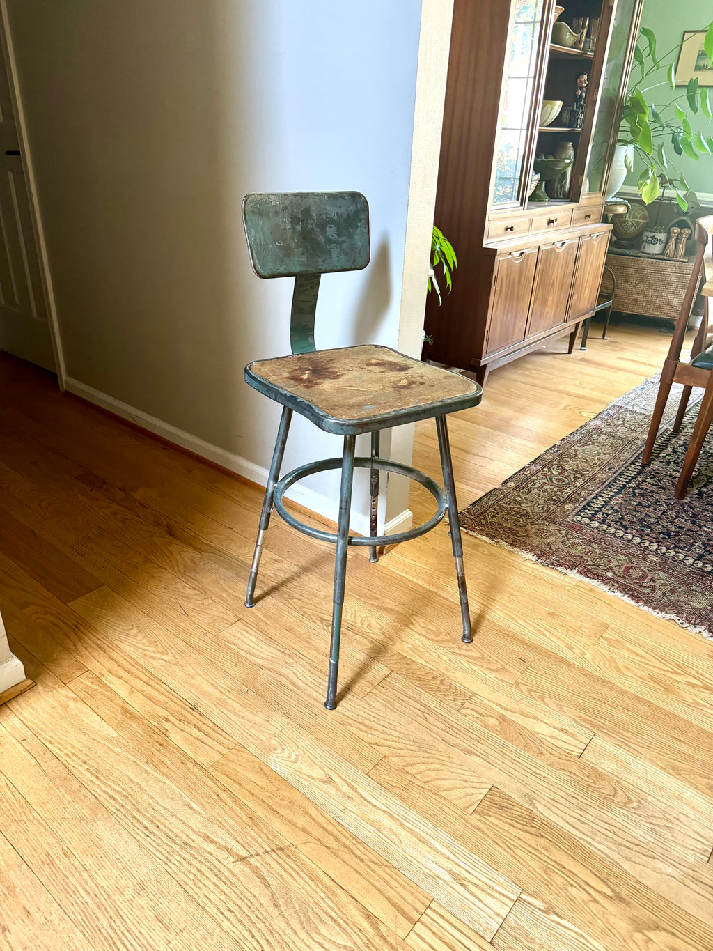 Vintage Industrial Steel Stool | Distressed Royal Industrial Drafting Stool | Rustic Factory Stool