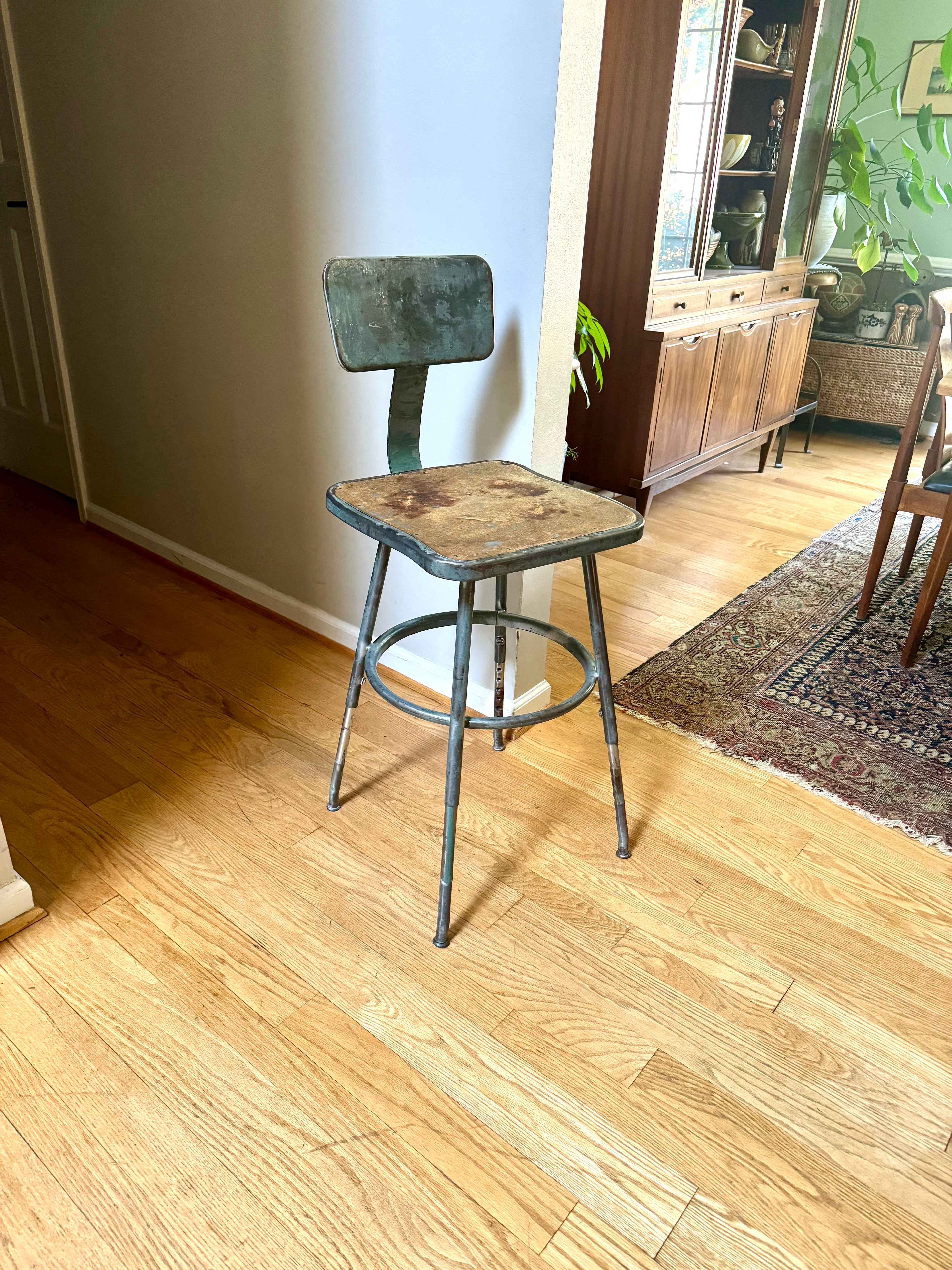 Vintage Industrial Steel Stool | Distressed Royal Industrial Drafting Stool | Rustic Factory Stool