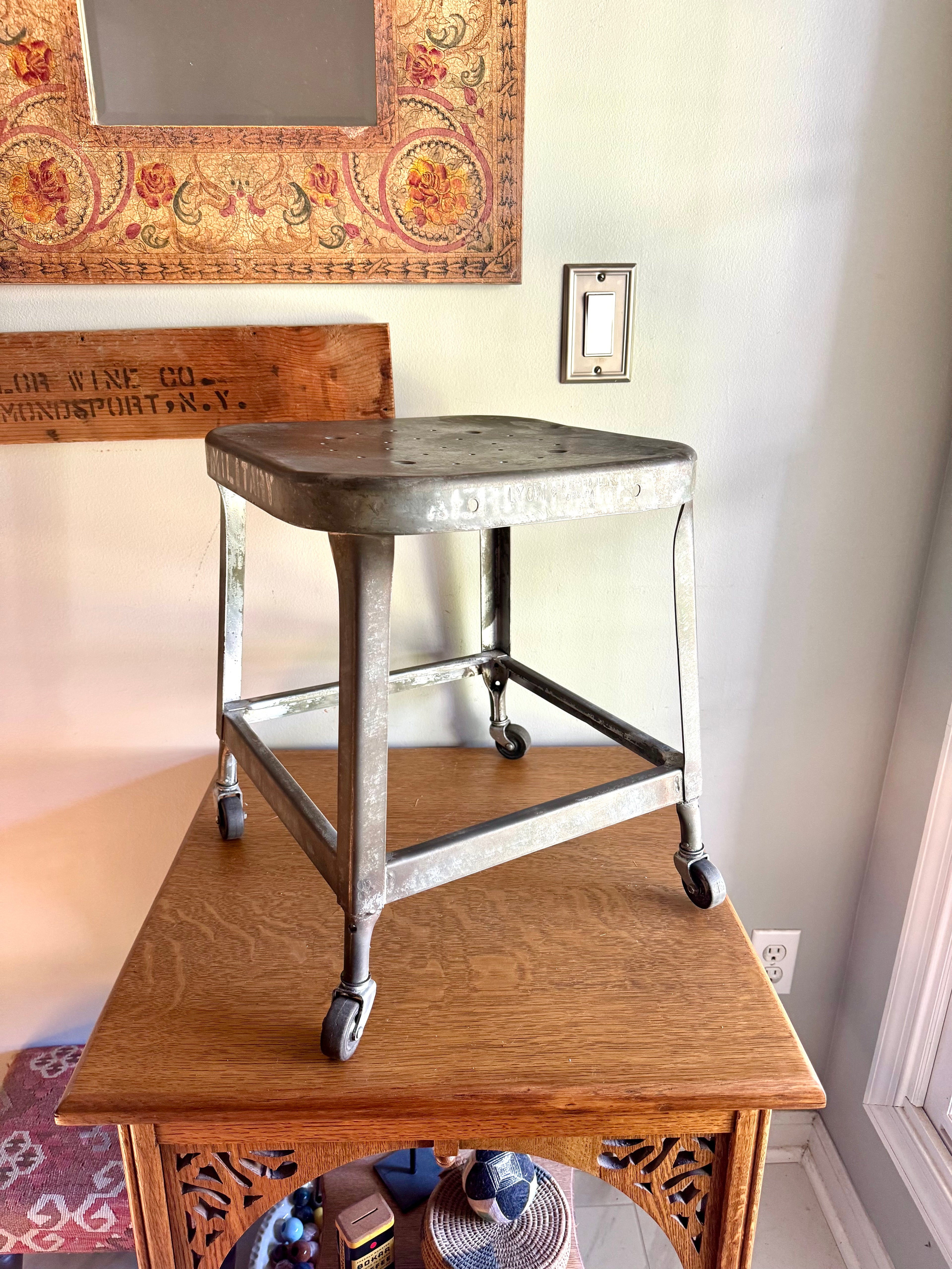 Vintage Lyon Rustic Metal Military Aerospace Rolling Stool