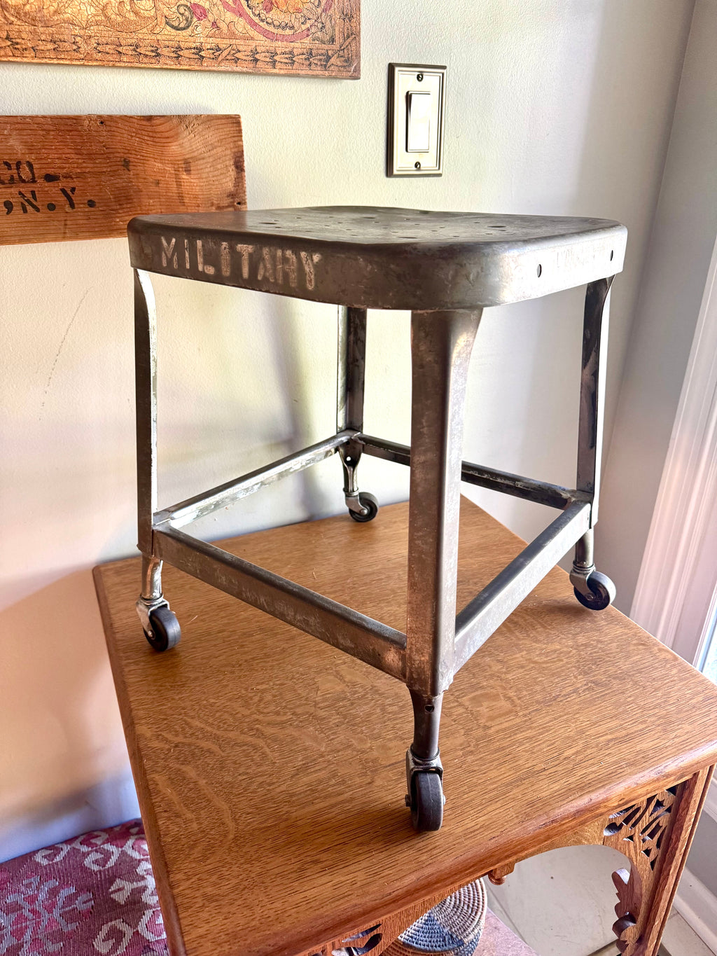 Vintage Lyon Rustic Metal Military Aerospace Rolling Stool