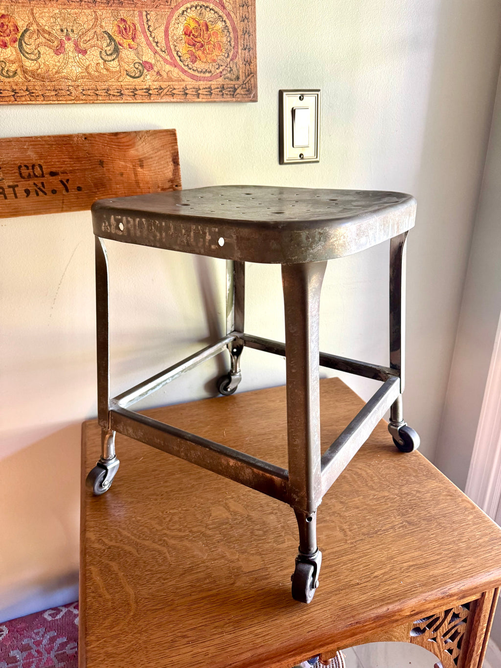 Vintage Lyon Rustic Metal Military Aerospace Rolling Stool