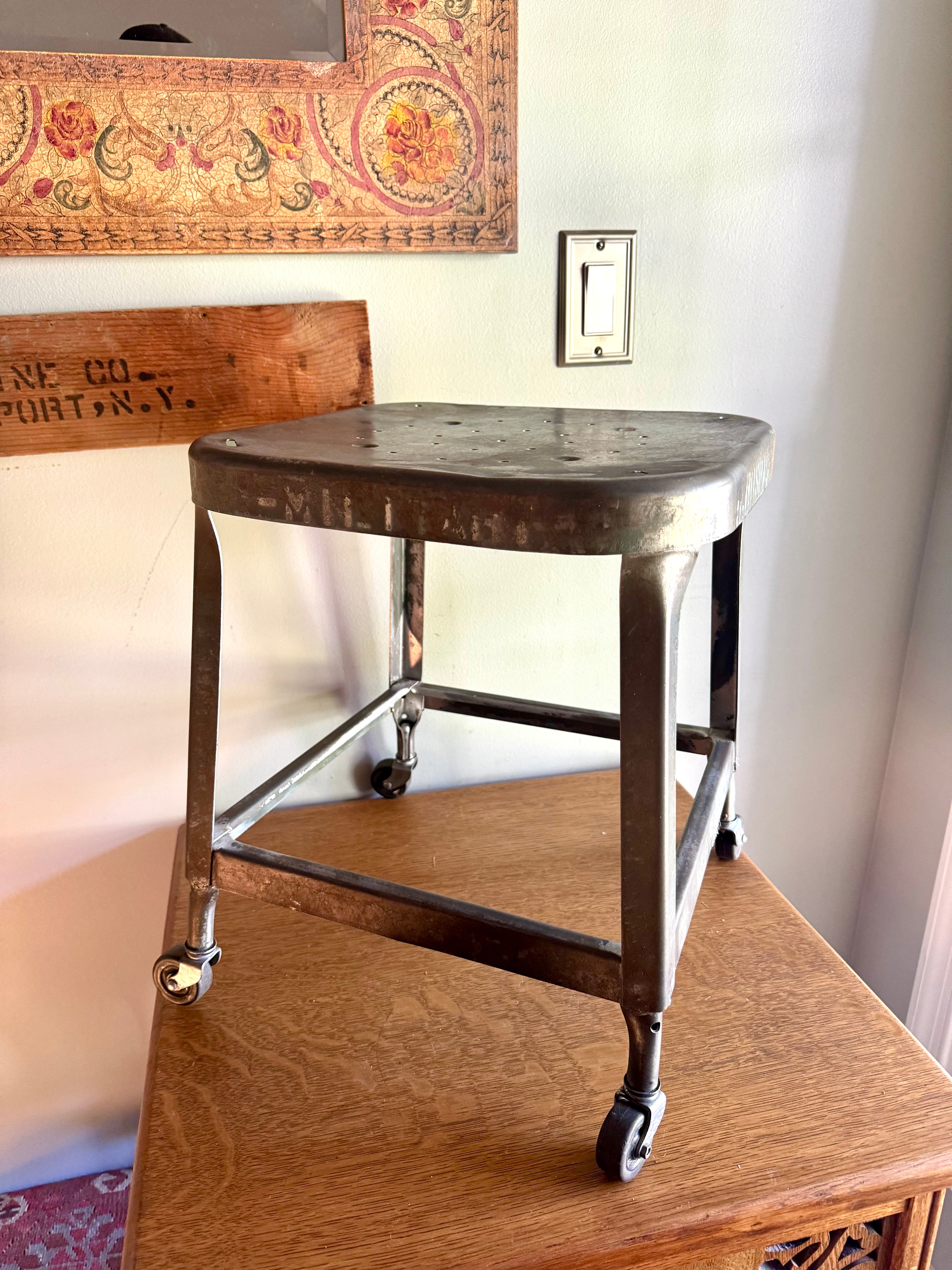 Vintage Lyon Rustic Metal Military Aerospace Rolling Stool
