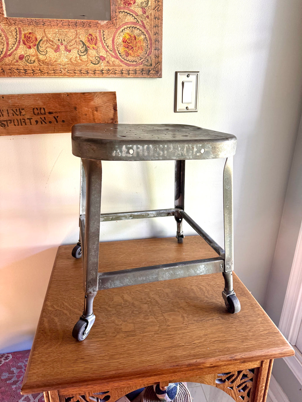 Vintage Lyon Rustic Metal Military Aerospace Rolling Stool