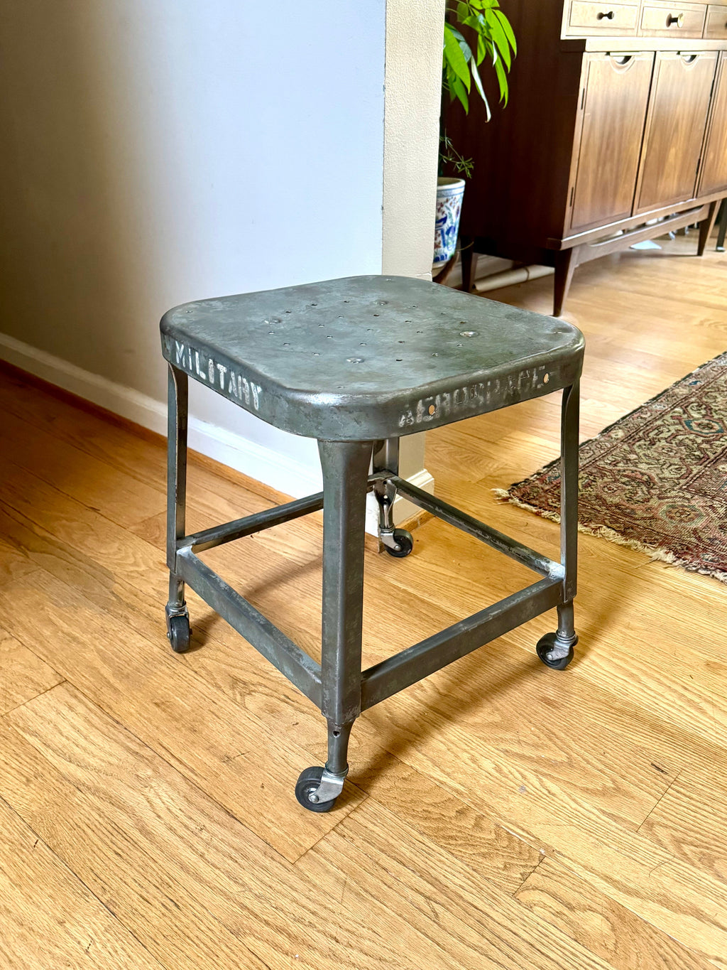 Vintage Lyon Rustic Metal Military Aerospace Rolling Stool